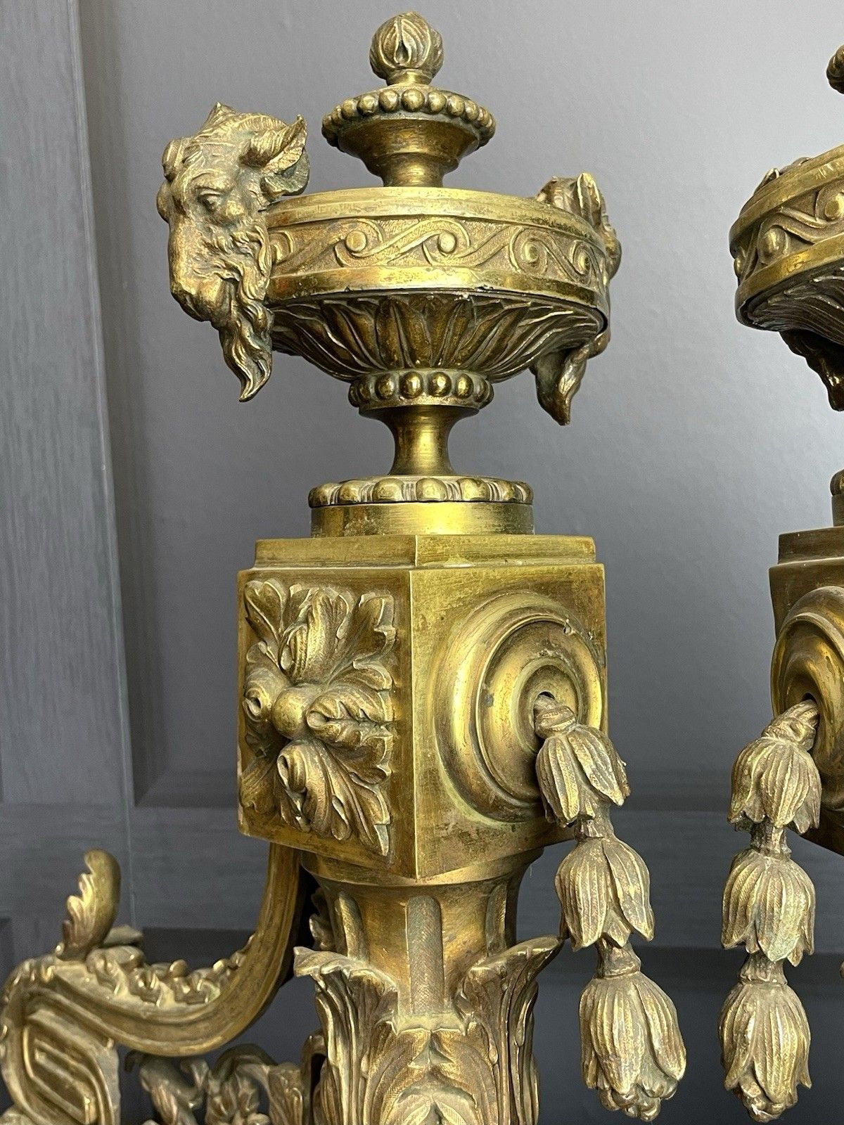 French Empire Brass Chenet Andirons Pair Decorative Ram Fire Dogs 19th Century photo for sale