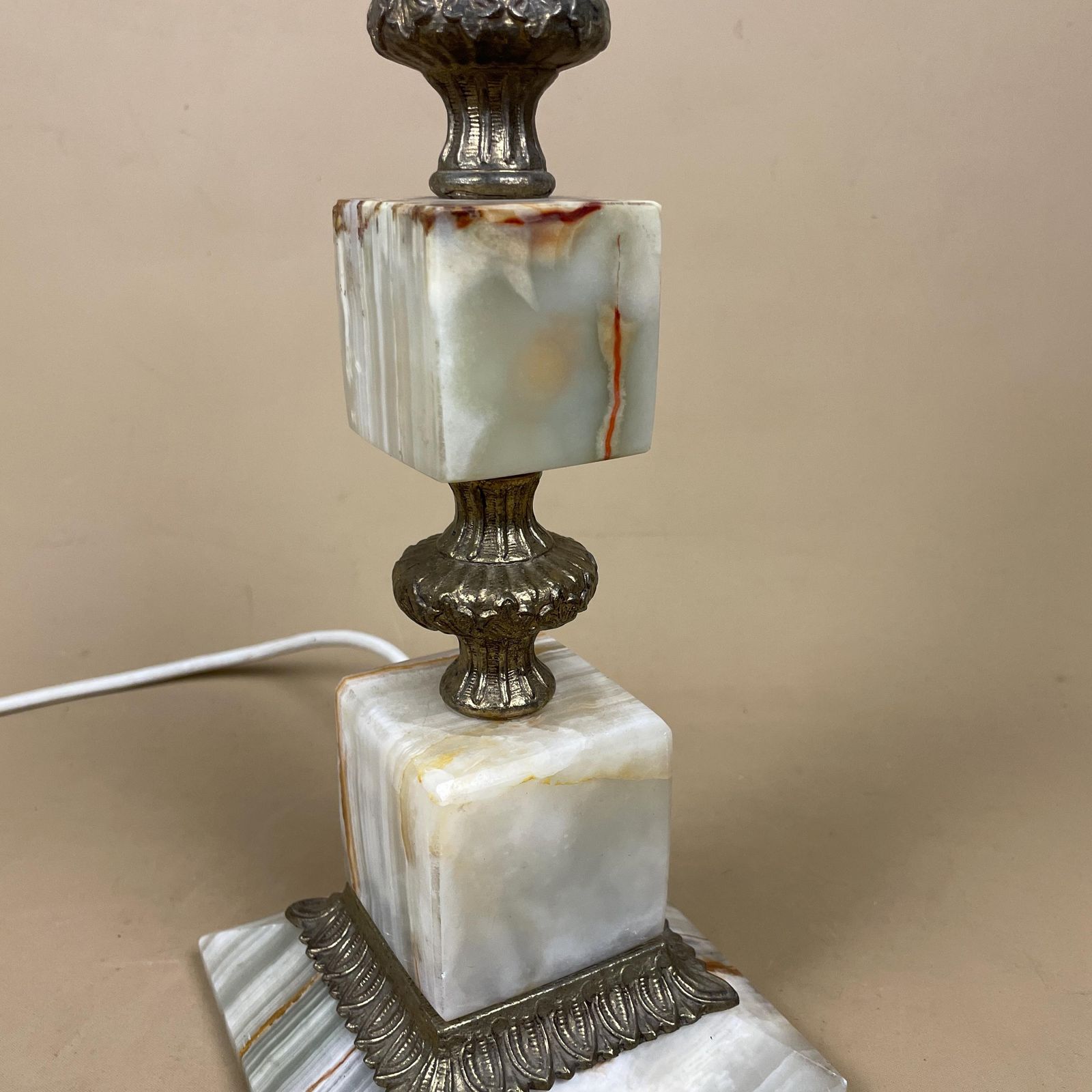 Green Onyx Marble Lamp Light Bedside Brass Gold Metal Ornate Square Base Marbled Pattern Heavy Classic Column Natural Stone Antique Vintage photo for sale