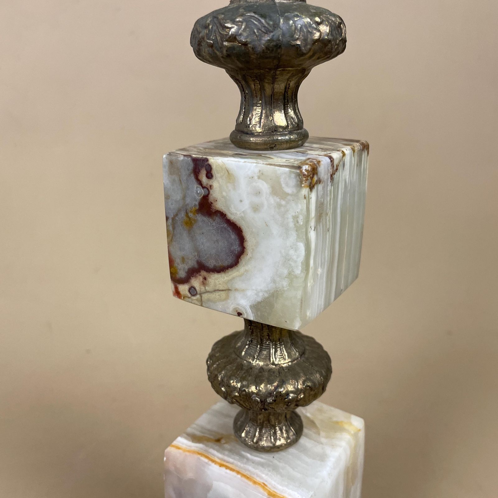 Green Onyx Marble Lamp Light Bedside Brass Gold Metal Ornate Square Base Marbled Pattern Heavy Classic Column Natural Stone Antique Vintage photo vintage