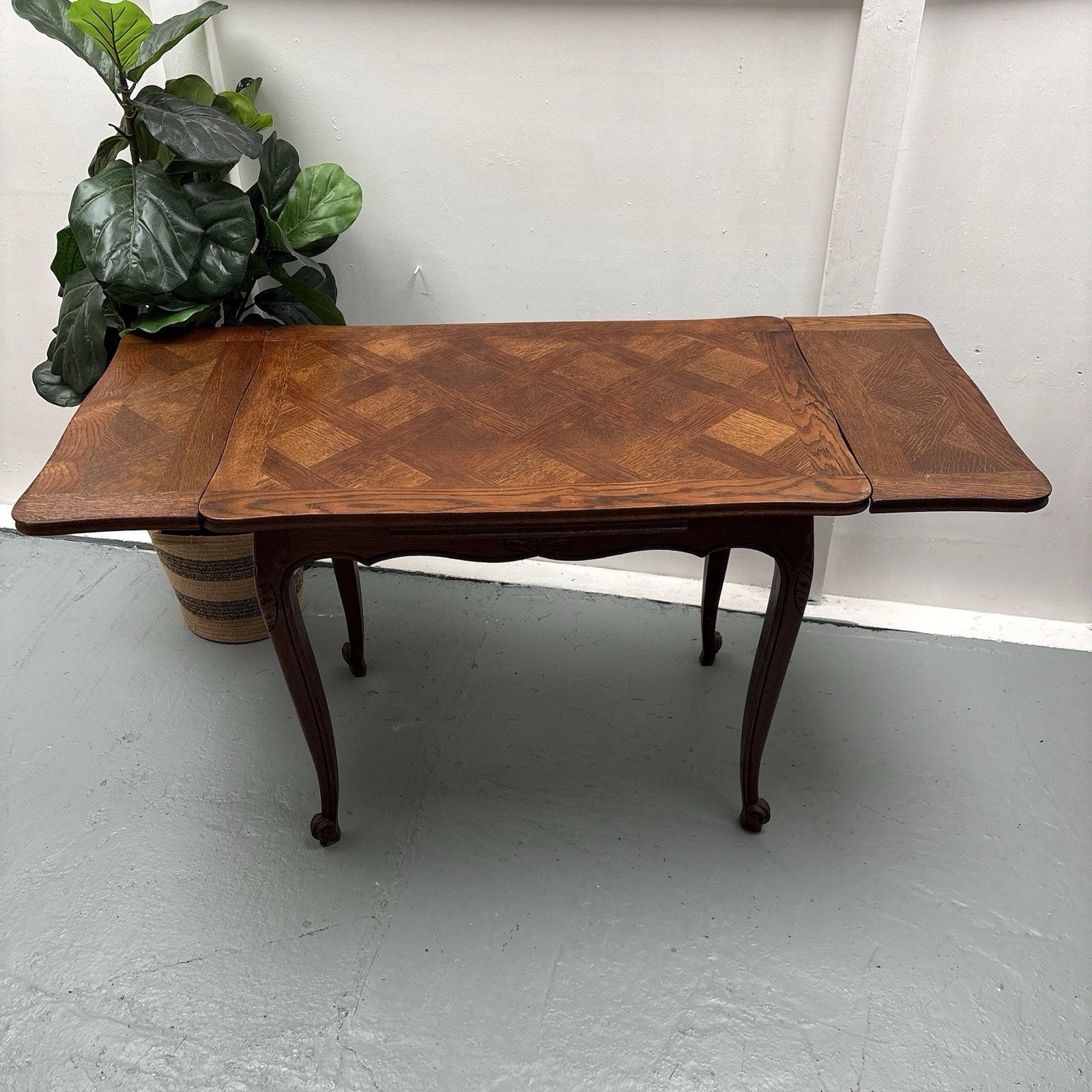 Vintage French Country Provincial Parquetry Extending Games Side Console Table photo vinterior