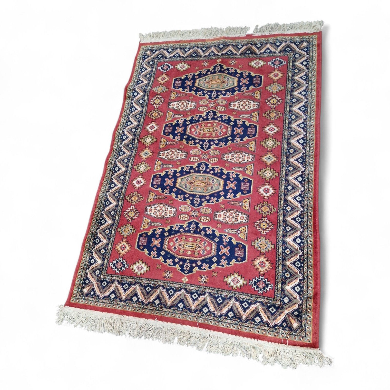 Traditional Geometric Rug Red Blue Tribal Style Fringed Wool Carpet 157cm photo buy