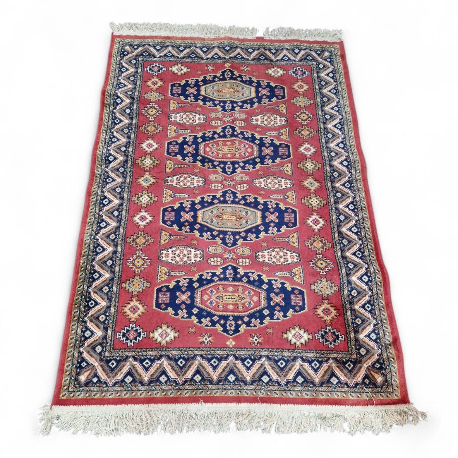 Traditional Geometric Rug Red Blue Tribal Style Fringed Wool Carpet 157cm photo vintage