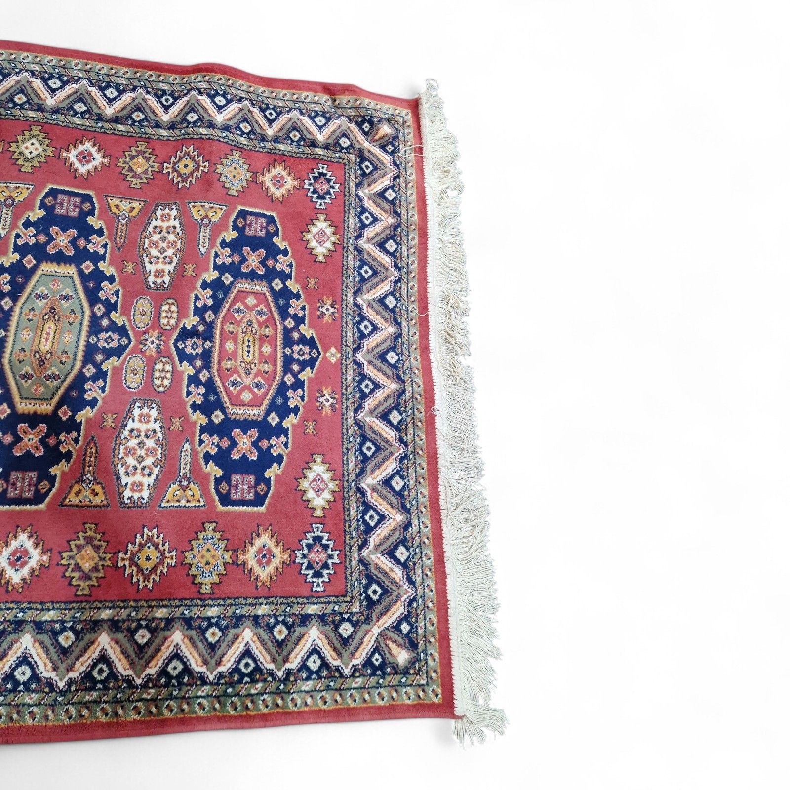 145.0 Traditional Geometric Rug Red Blue Tribal Style Fringed Wool Carpet 157cm photo