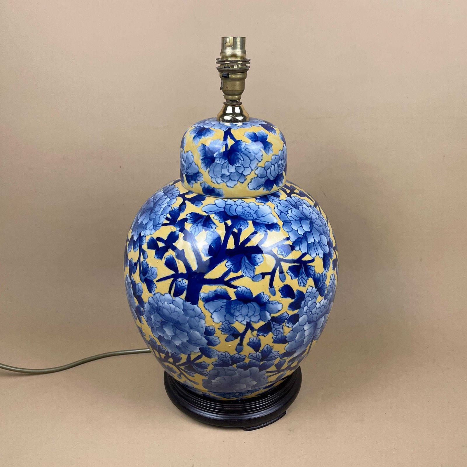 India Jane Ceramic Lamp Floral Pattern Oriental Wood Base Bedside Table Light Ginger Jar Shape Large Statement Yellow Blue Bold 2003