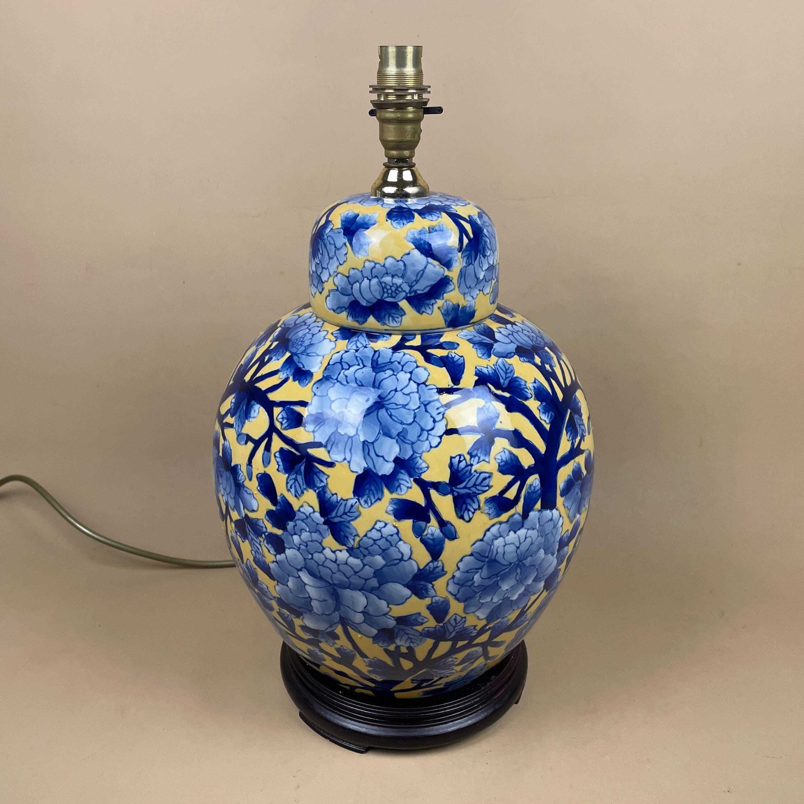India Jane Ceramic Lamp Floral Pattern Oriental Wood Base Bedside Table Light Ginger Jar Shape Large Statement Yellow Blue Bold 2003 photo furniture