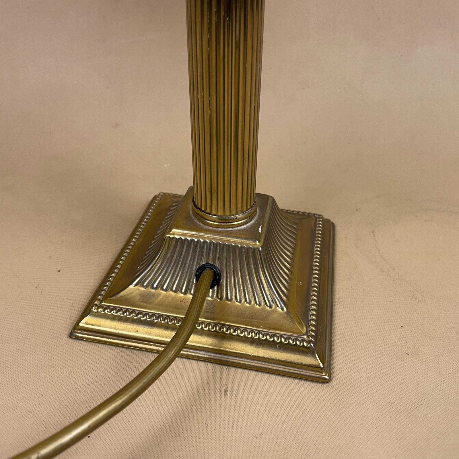 photo furniture Metal Gold Brass Lamp Light Ornate Square Base Pattern Bedside Side Column Regency Classic Pillar Classic Antique Silk Cream Lampshade