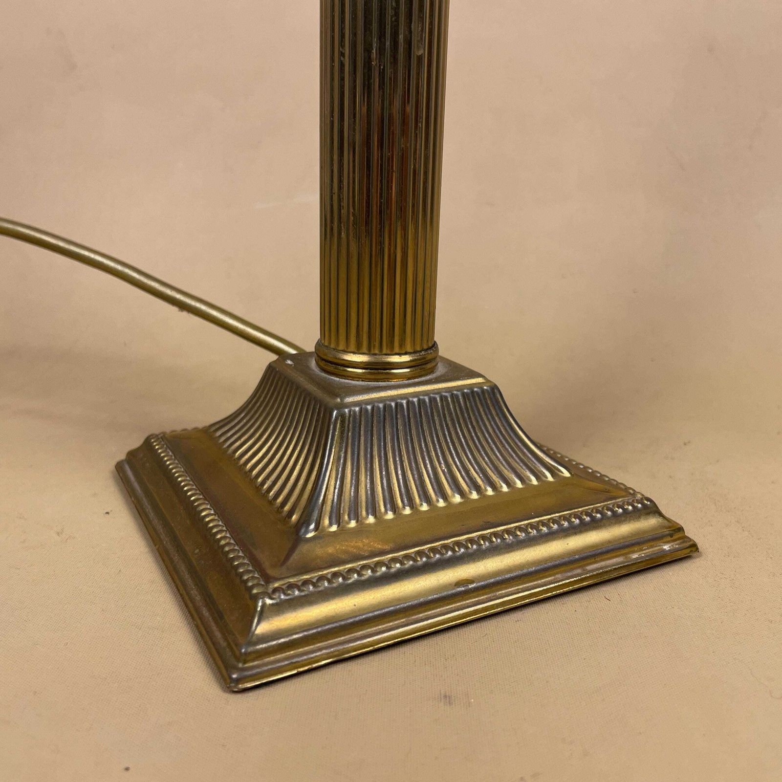 photo for sale Metal Gold Brass Lamp Light Ornate Square Base Pattern Bedside Side Column Regency Classic Pillar Classic Antique Silk Cream Lampshade