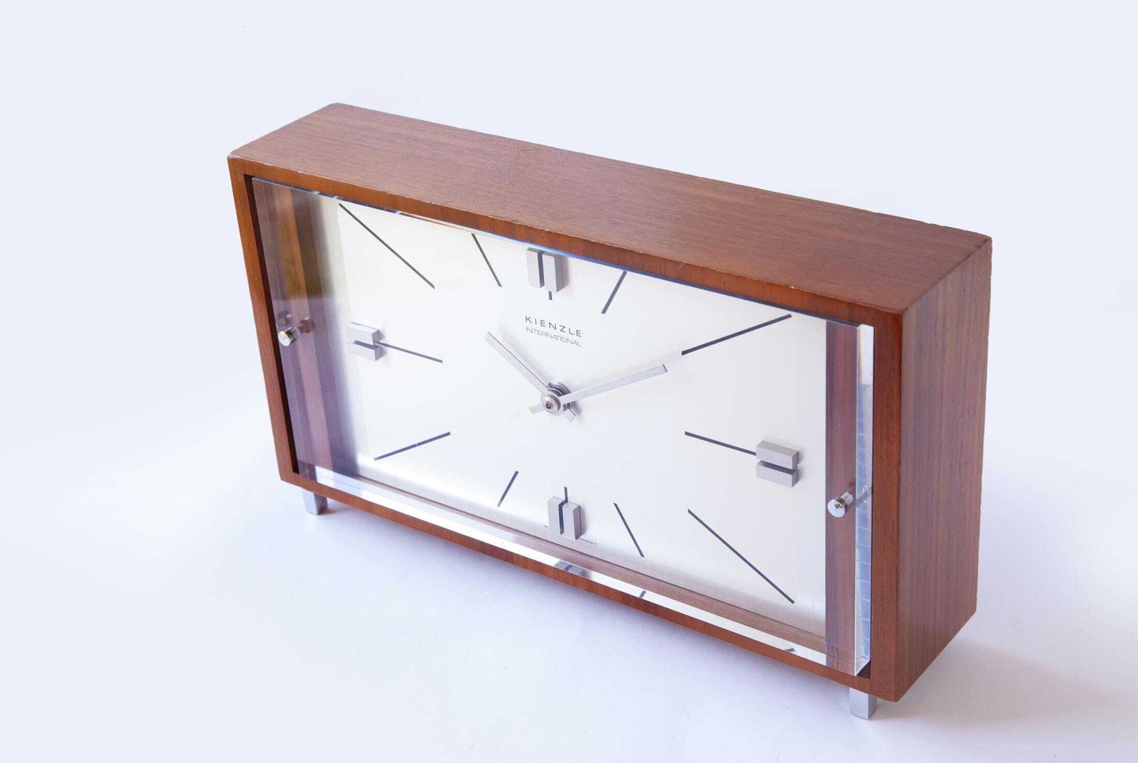 Mid Century Kienzle Table Clock Modern Bauhaus Atomic Space Age Desk 1960s Shelf Mantel Germany Walnut Battery photo 322.0