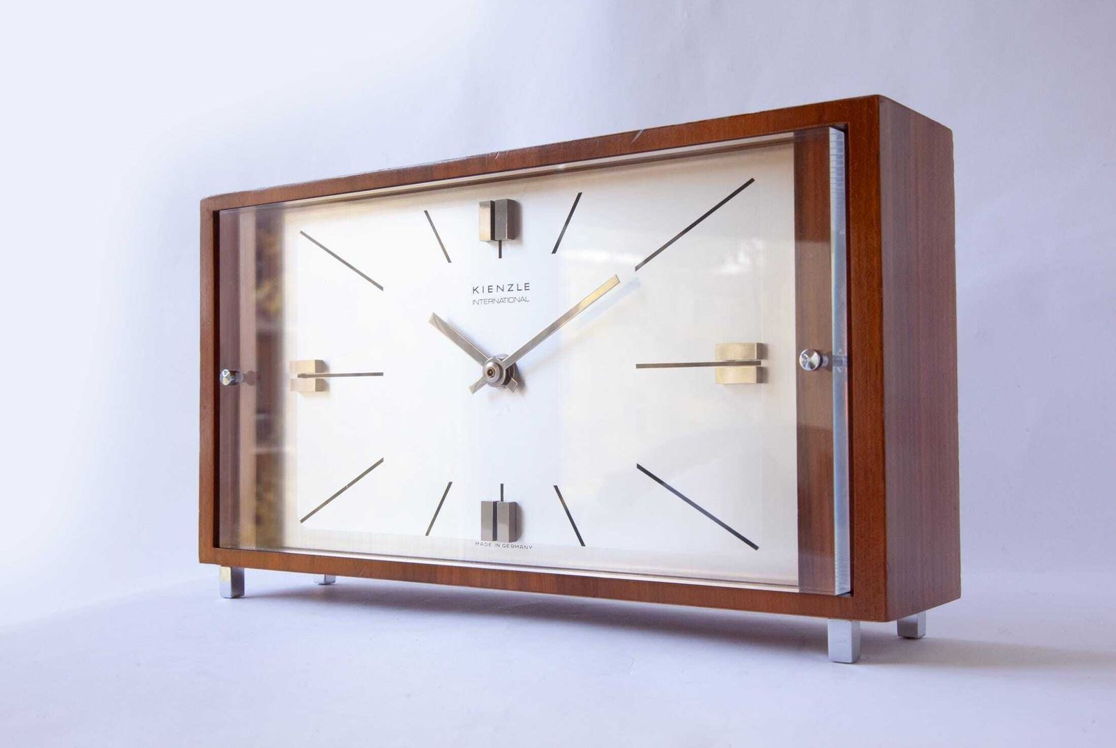 Home Decor Mid Century Kienzle Table Clock Modern Bauhaus Atomic Space Age Desk 1960s Shelf Mantel Germany Walnut Battery photo