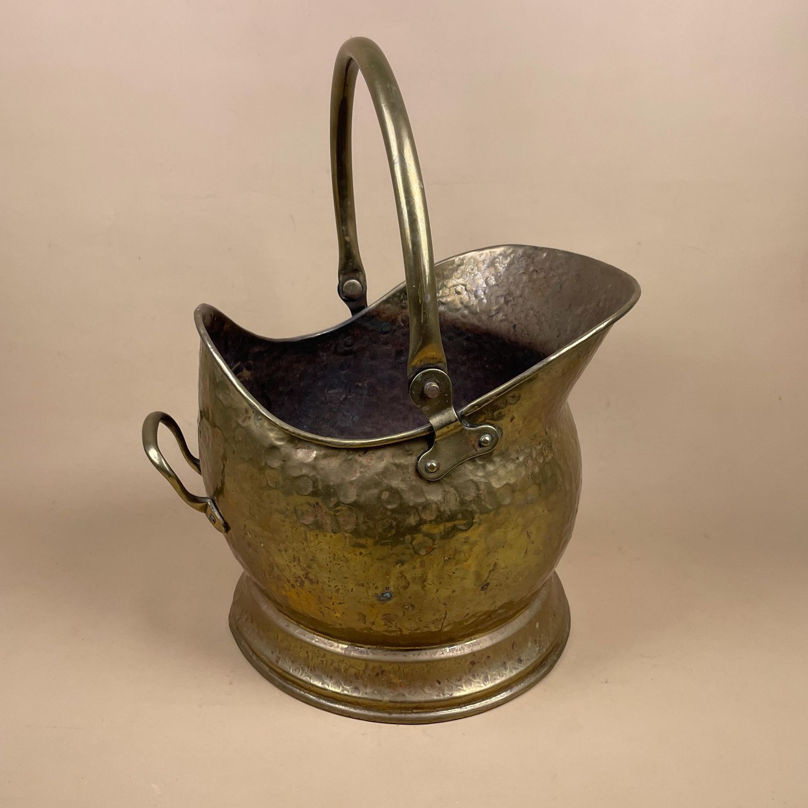 Antique Metal Gold Brass Coal Bucket Handle Fireside Fire Side Scuttle Log Helmet Farmhouse Hammered Texture Vintage Fireplace Logs photo for sale