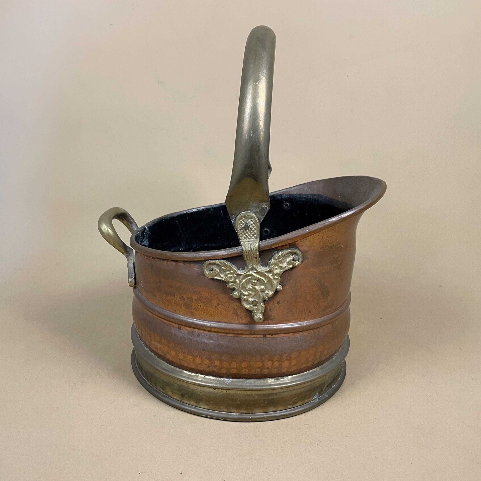Antique Metal Copper Coal Bucket Gold Brass Handle Fireside Fire Side Scuttle Helmet Cottage Vintage Fireplace Logs Ornate photo furniture