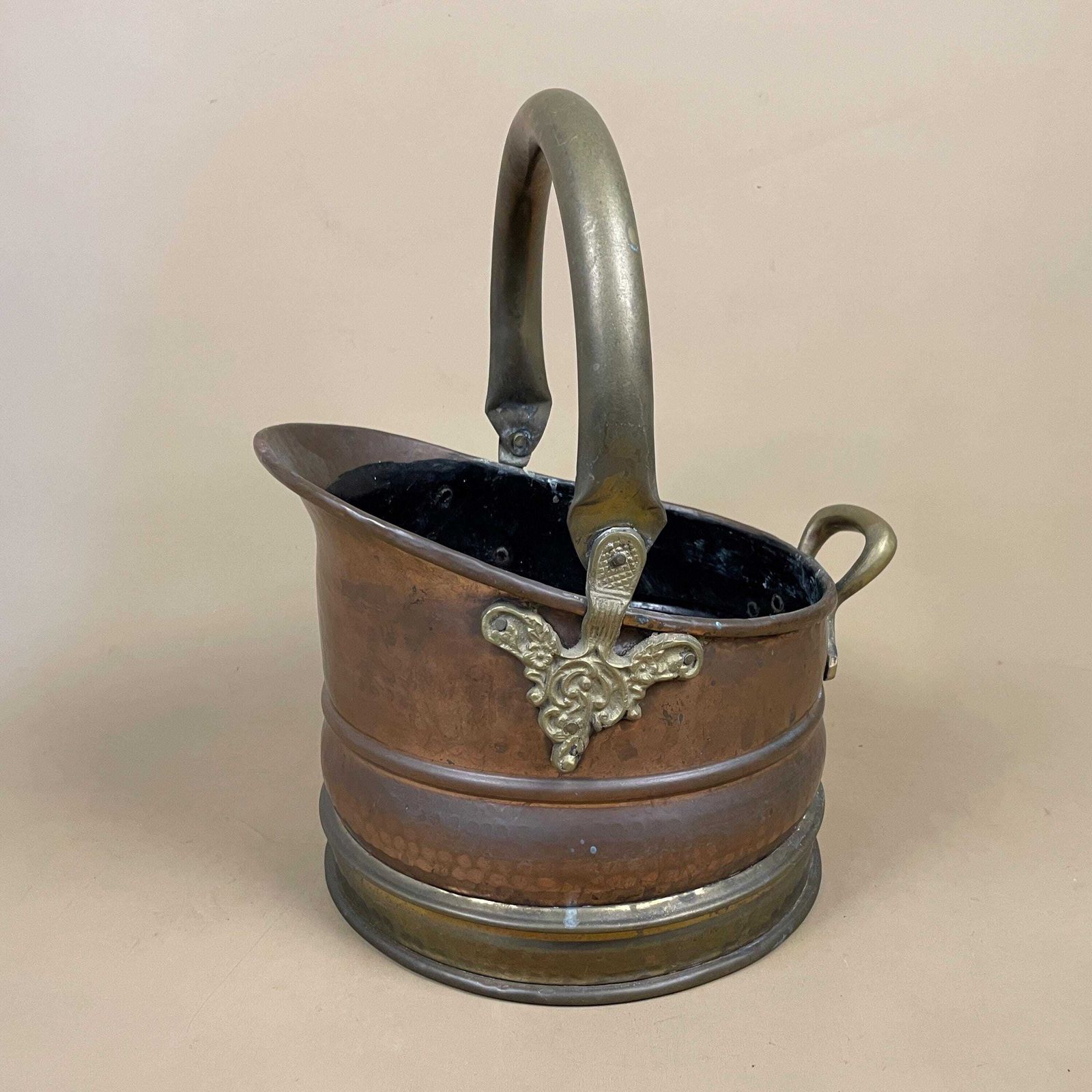 Antique Metal Copper Coal Bucket Gold Brass Handle Fireside Fire Side Scuttle Helmet Cottage Vintage Fireplace Logs Ornate photo for sale