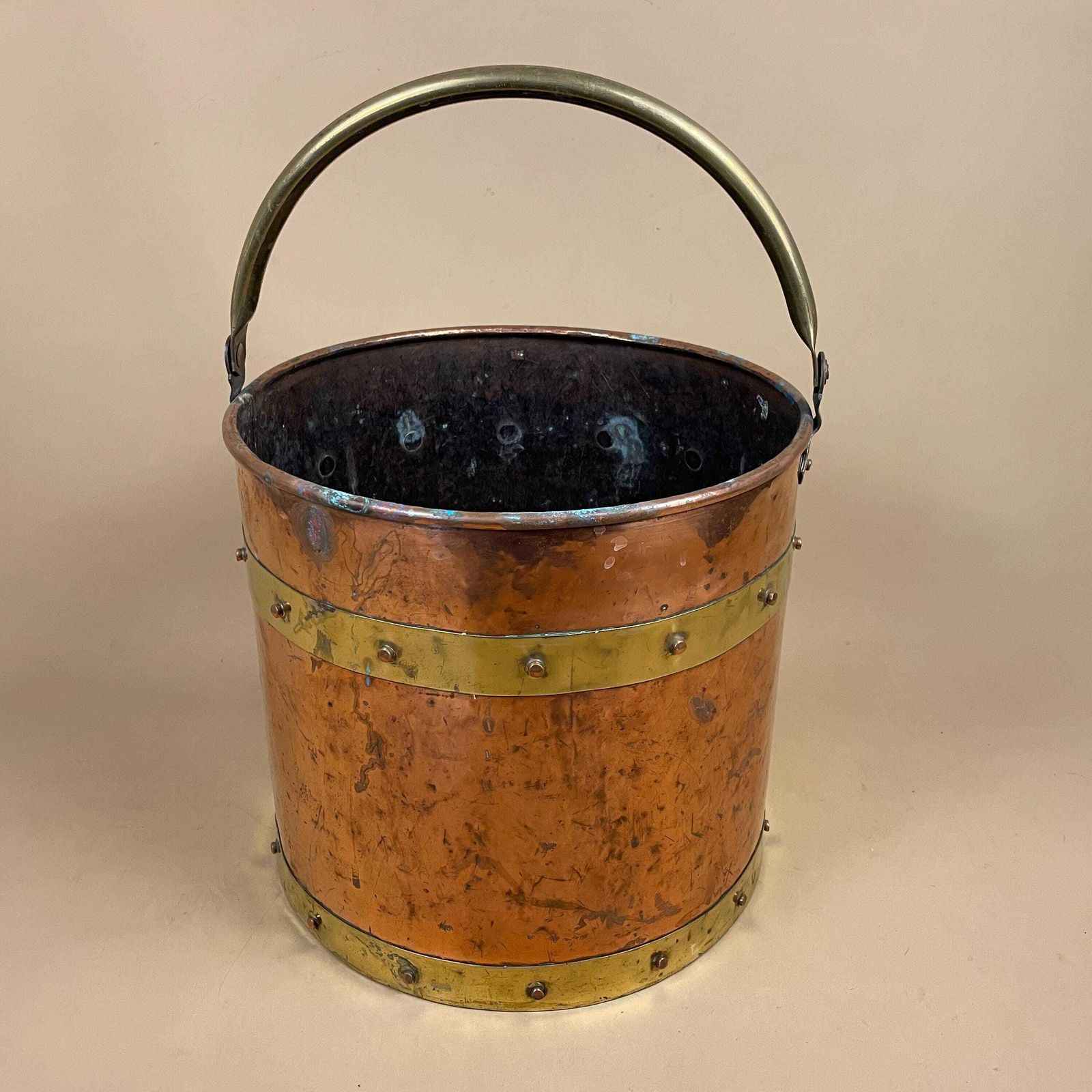 Antique Metal Copper Coal Bucket Gold Brass Handle Fireside Fire Side Scuttle Helmet Cottage Vintage Fireplace Logs Ornate Round Large photo buy