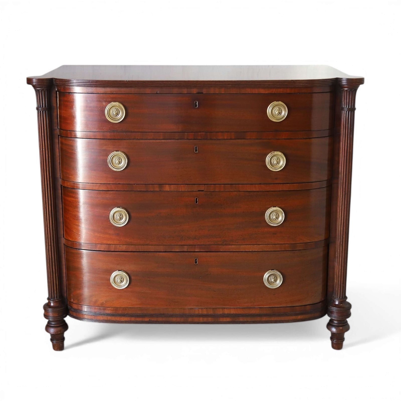 Scottish Regency Bow Front Chest Of 4 Graduated Drawers In Flame Mahogany Circa1830