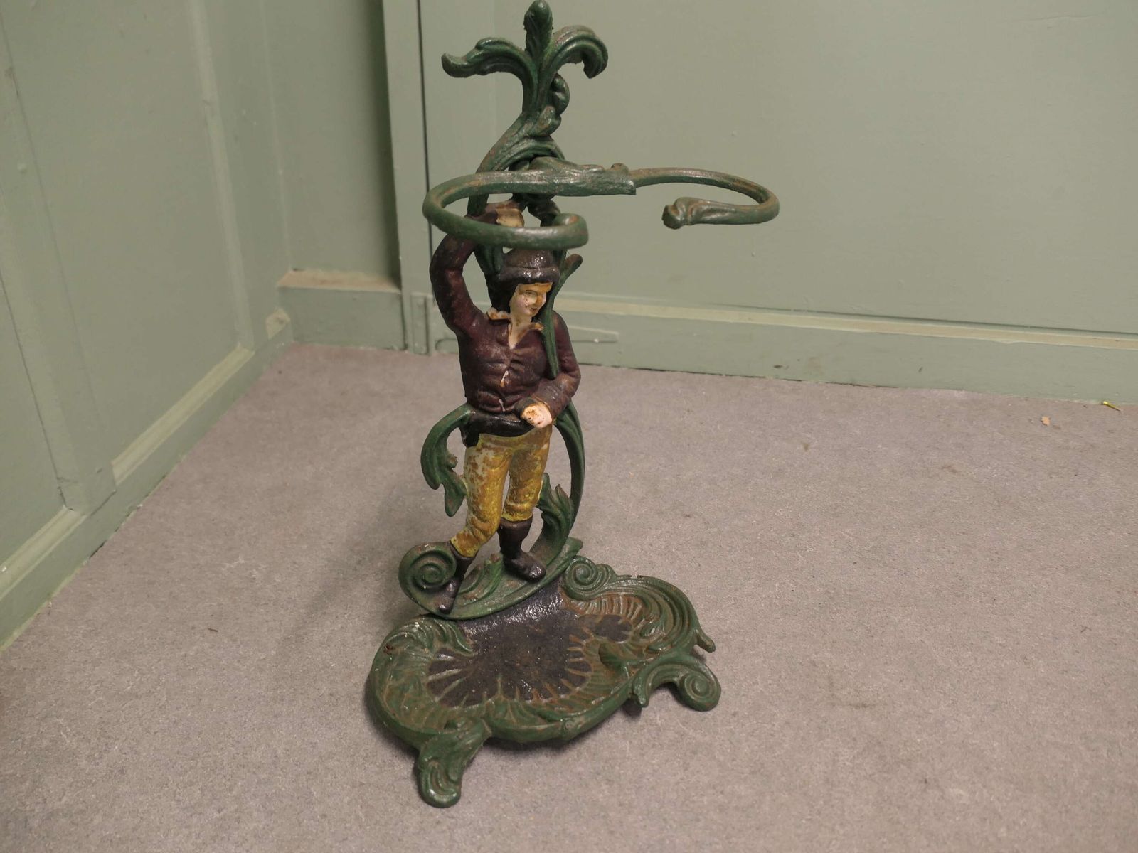 French Cast Iron Figural Umbrella Stand Colourful French Cast Iron Umbrella Stand photo vinterior