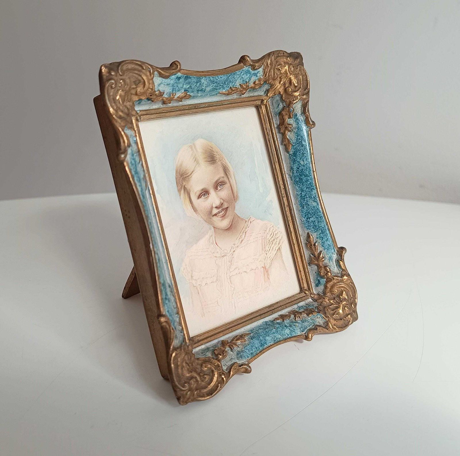Antique Hand Finished Pastel Miniature Portrait: Blond Girl, Turquoise Gilt Tabletop Frame photo furniture