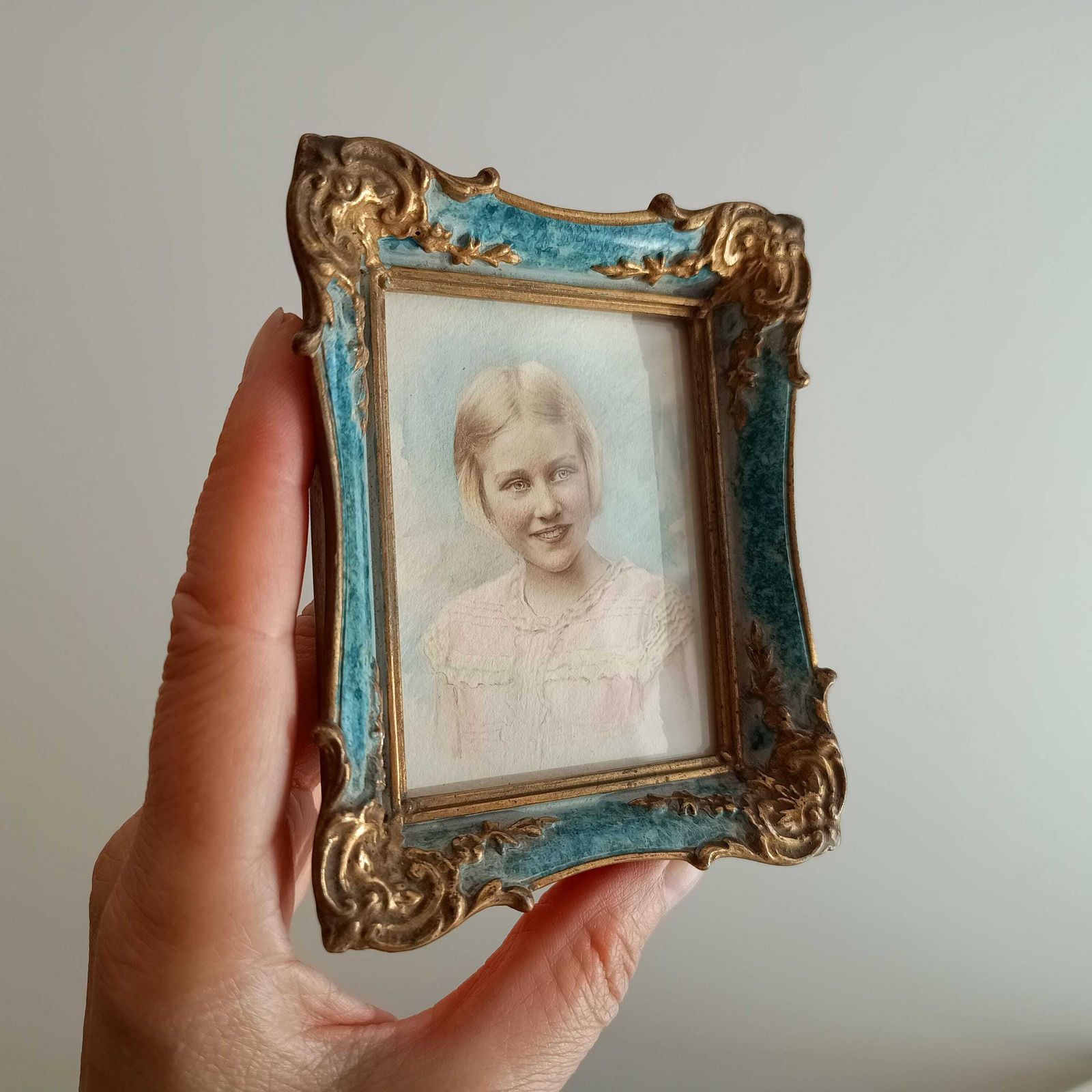 Antique Hand Finished Pastel Miniature Portrait: Blond Girl, Turquoise Gilt Tabletop Frame photo vintage