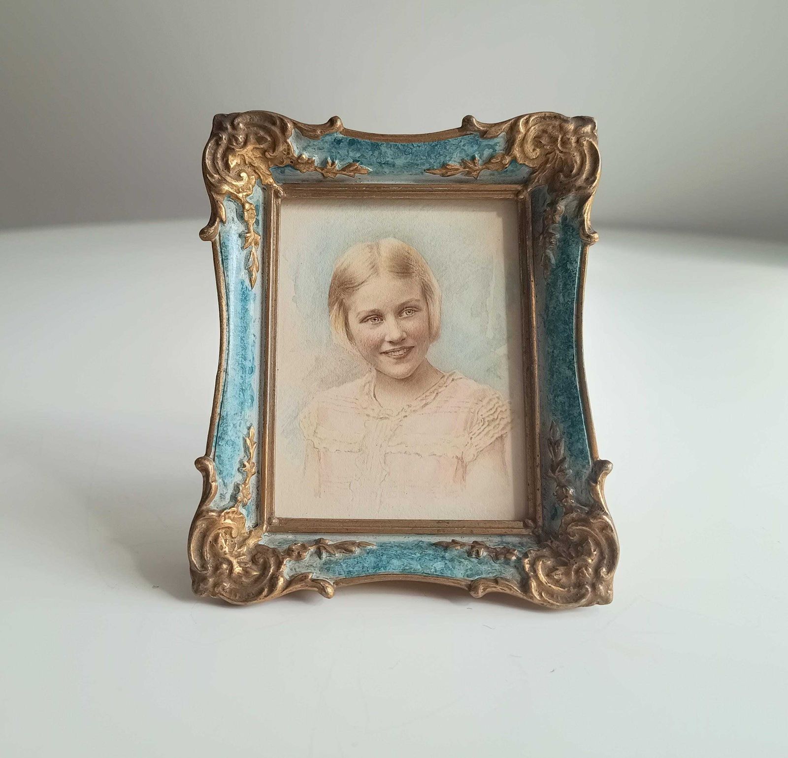 photo buy Antique Hand Finished Pastel Miniature Portrait: Blond Girl, Turquoise Gilt Tabletop Frame