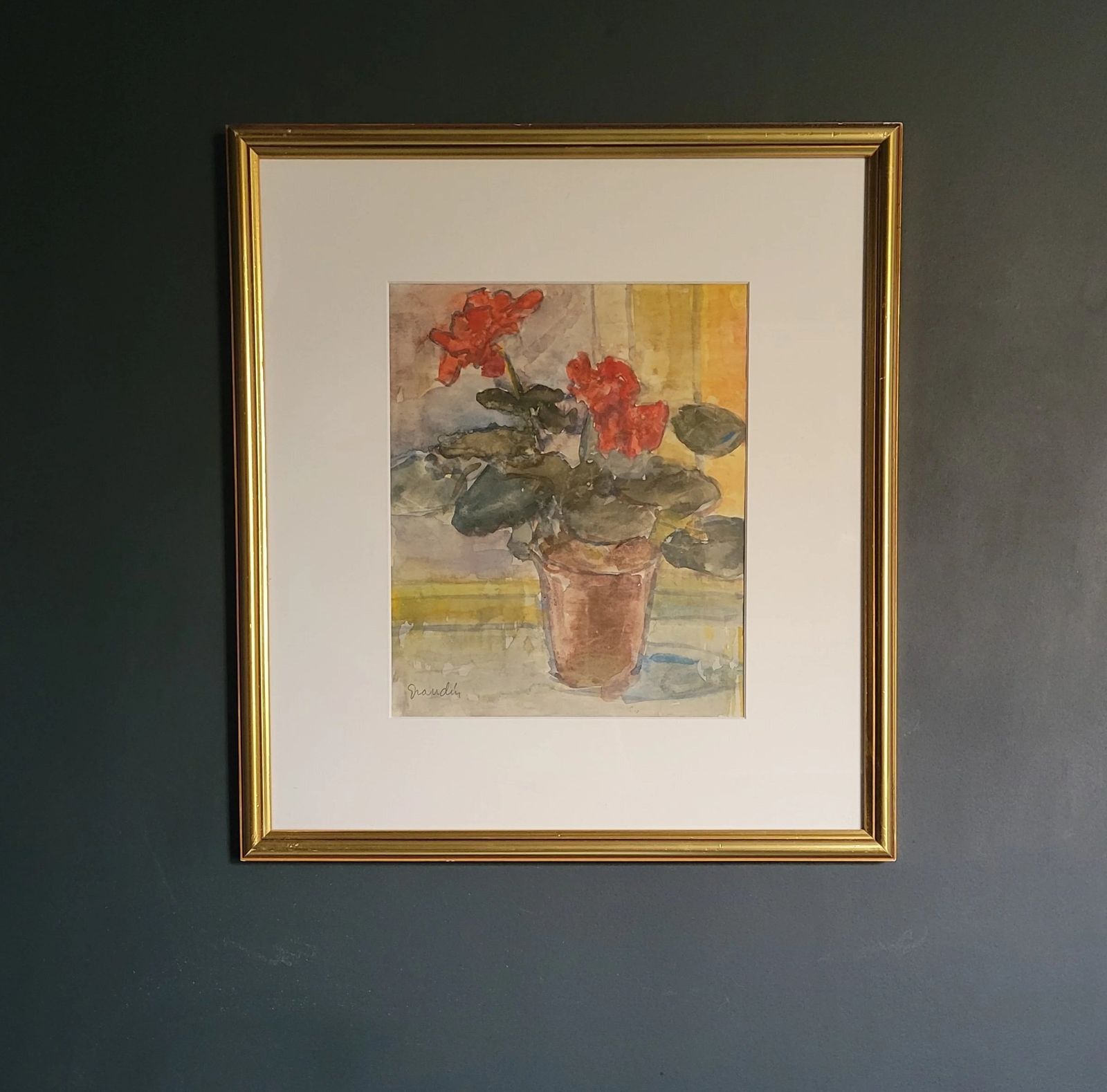 Geranium Watercolour Vintage Mid Century Framed Painting By Svan Grandin photo for sale