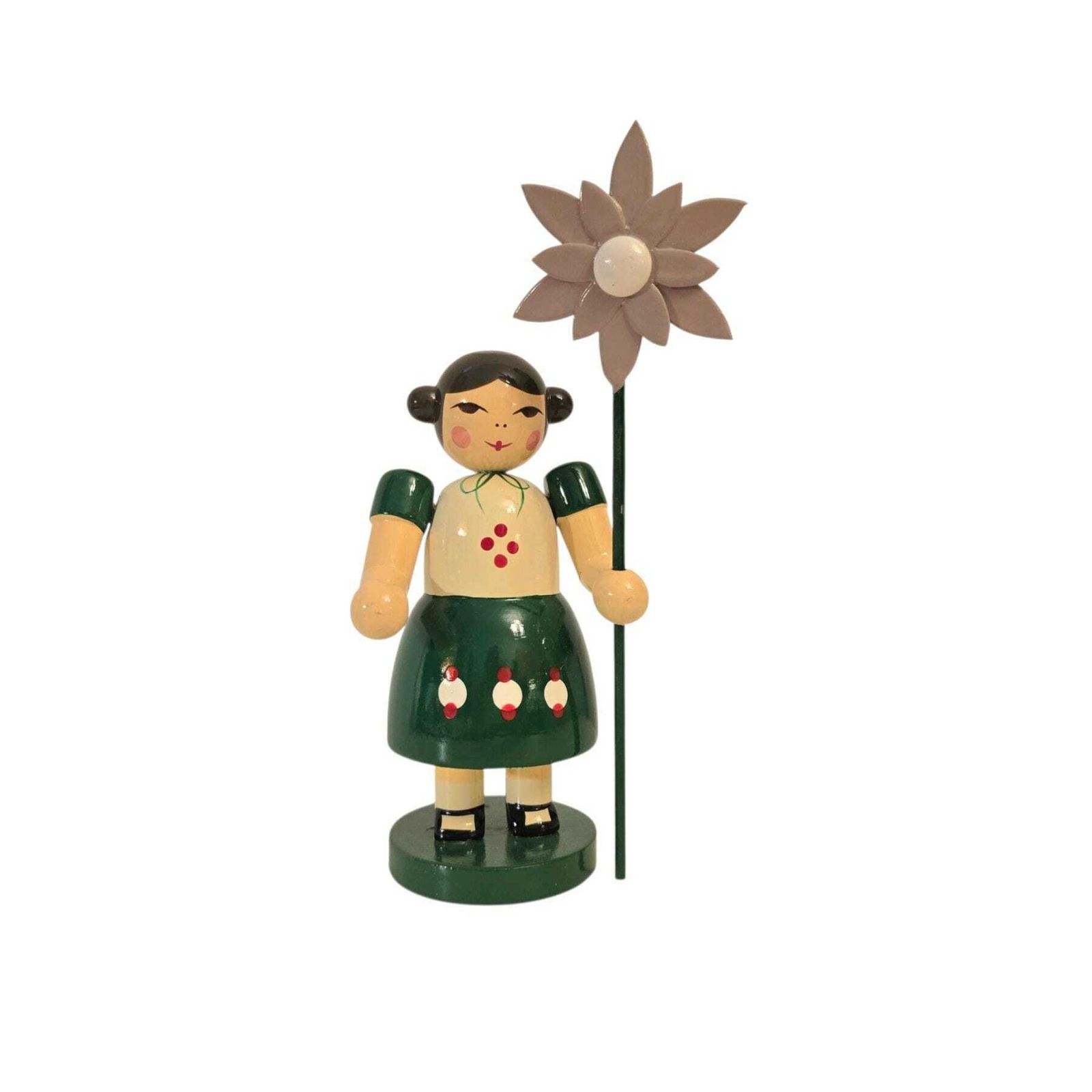 Figurine vintage allemande de l'Erzgebirge, grande fille aux fleurs en bois peint à la main, 13 cm