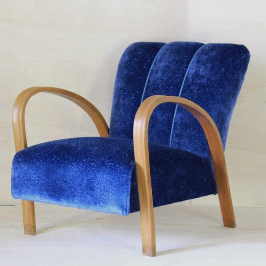 Fauteuil Art déco en velours bleu, hêtre massif, France, 1920 photo furniture