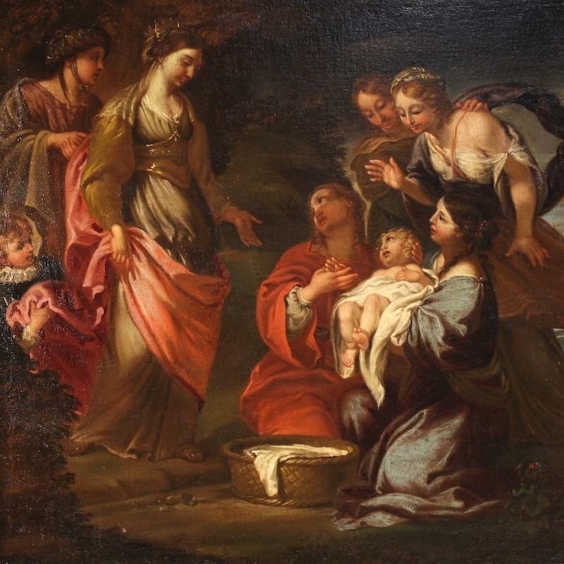 Antique Italian Painting Moses Saved From The Waters From The 17th Century photo furniture