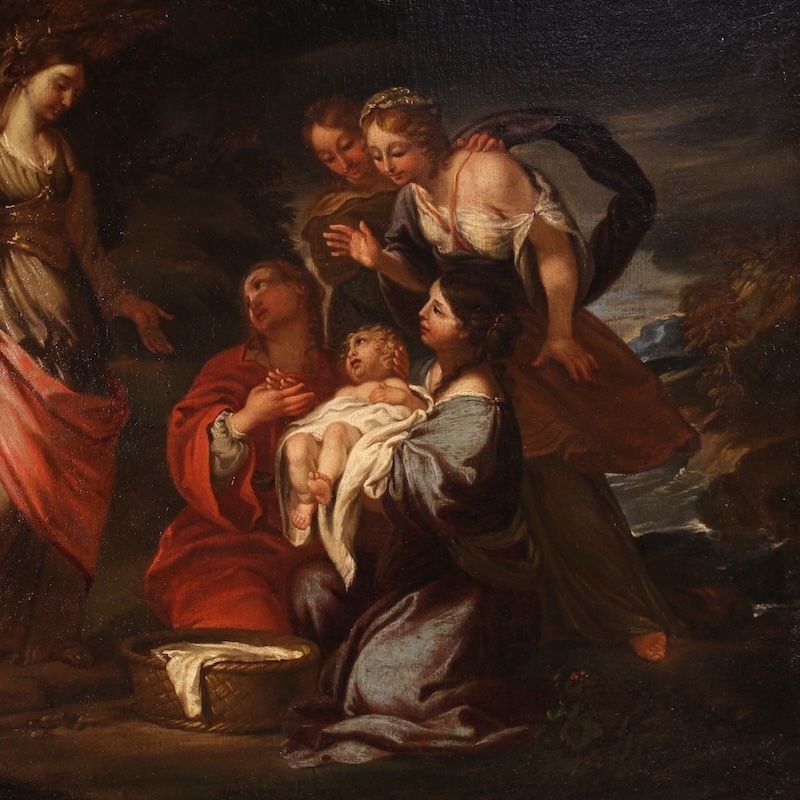 Antique Italian Painting Moses Saved From The Waters From The 17th Century photo Art