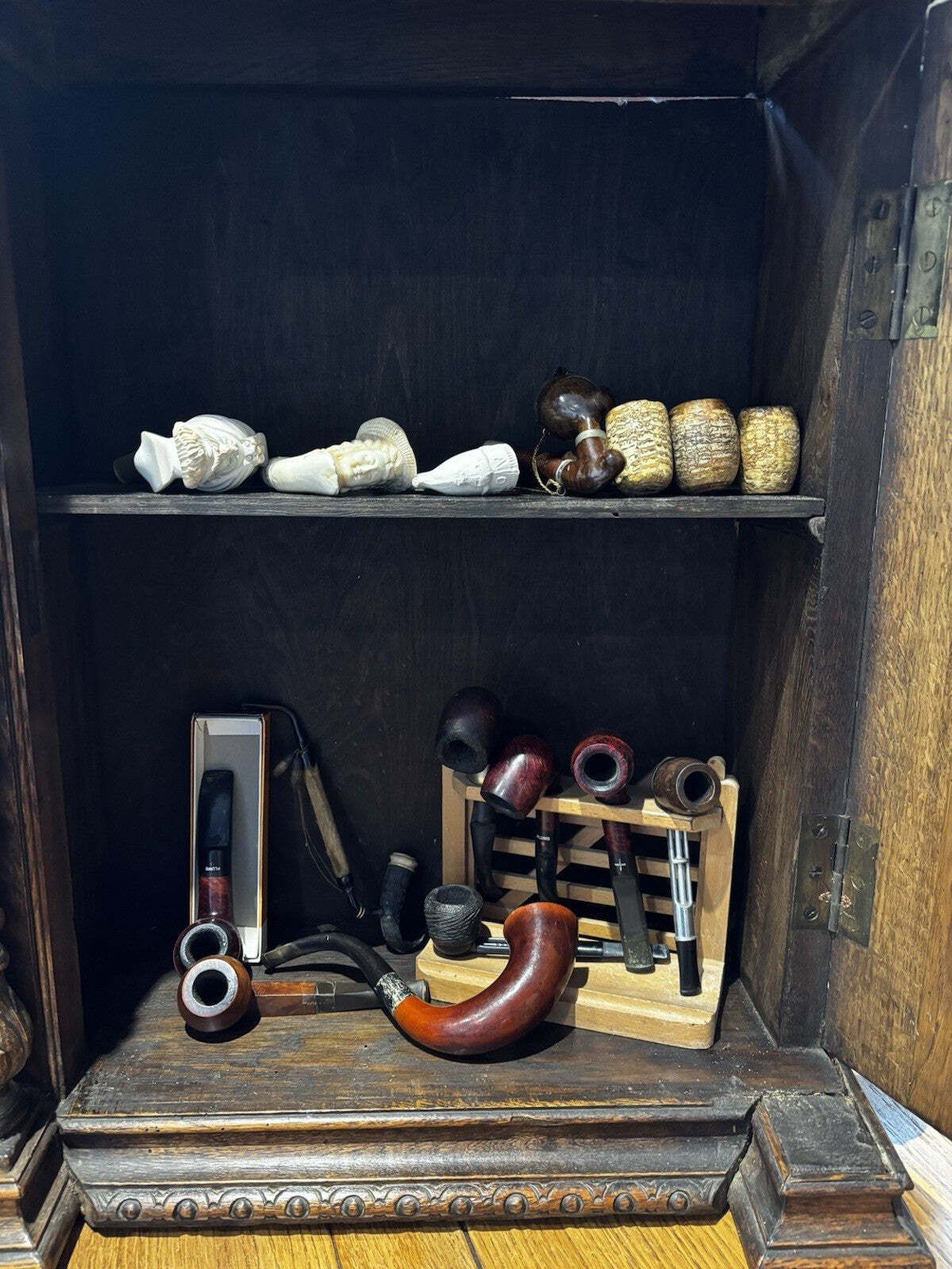 Victorian Tobacconist Carved Oak Pipe Cabinet With Pipe Collection photo for sale