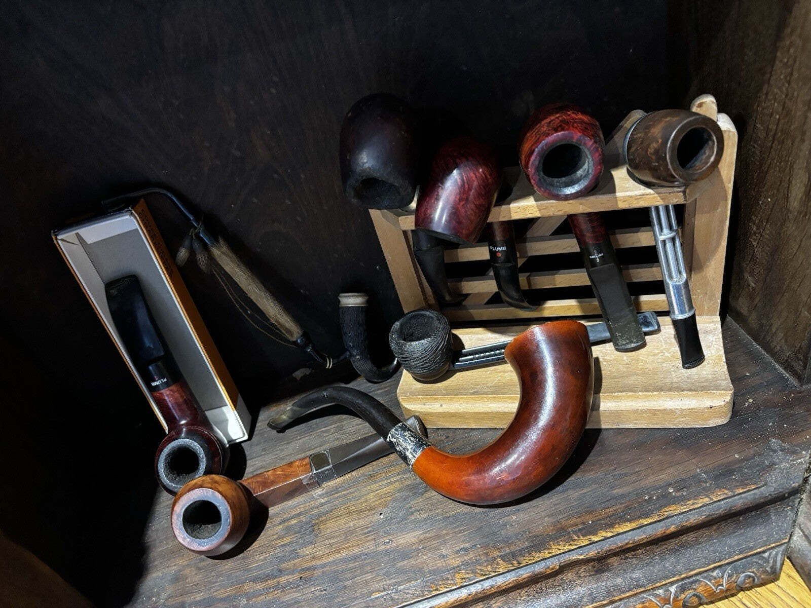 Furniture Victorian Tobacconist Carved Oak Pipe Cabinet With Pipe Collection photo