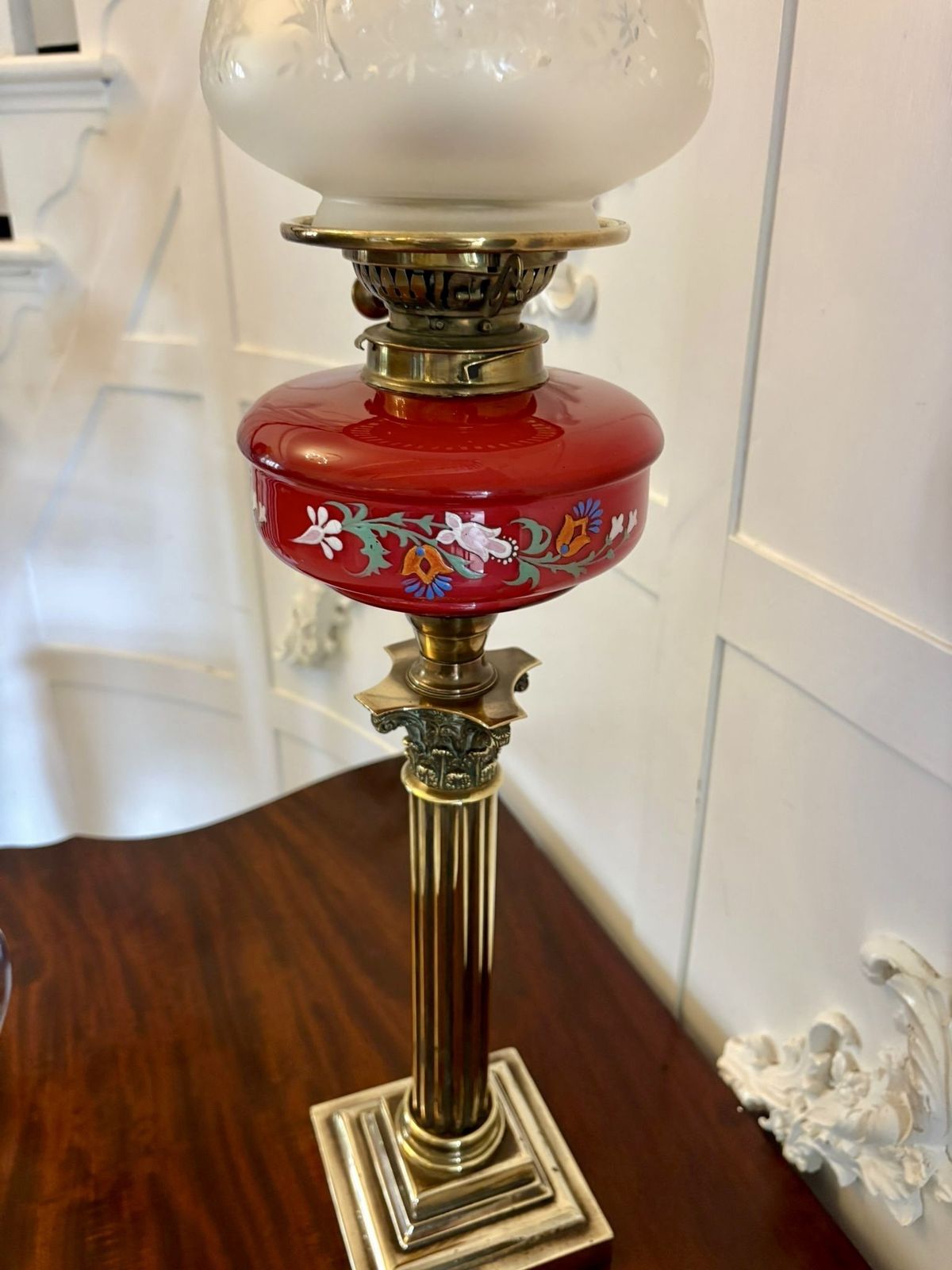 Antique 19th Century Brass Oil Lamp With Cranberry Glass Font And Corinthian Column photo furniture