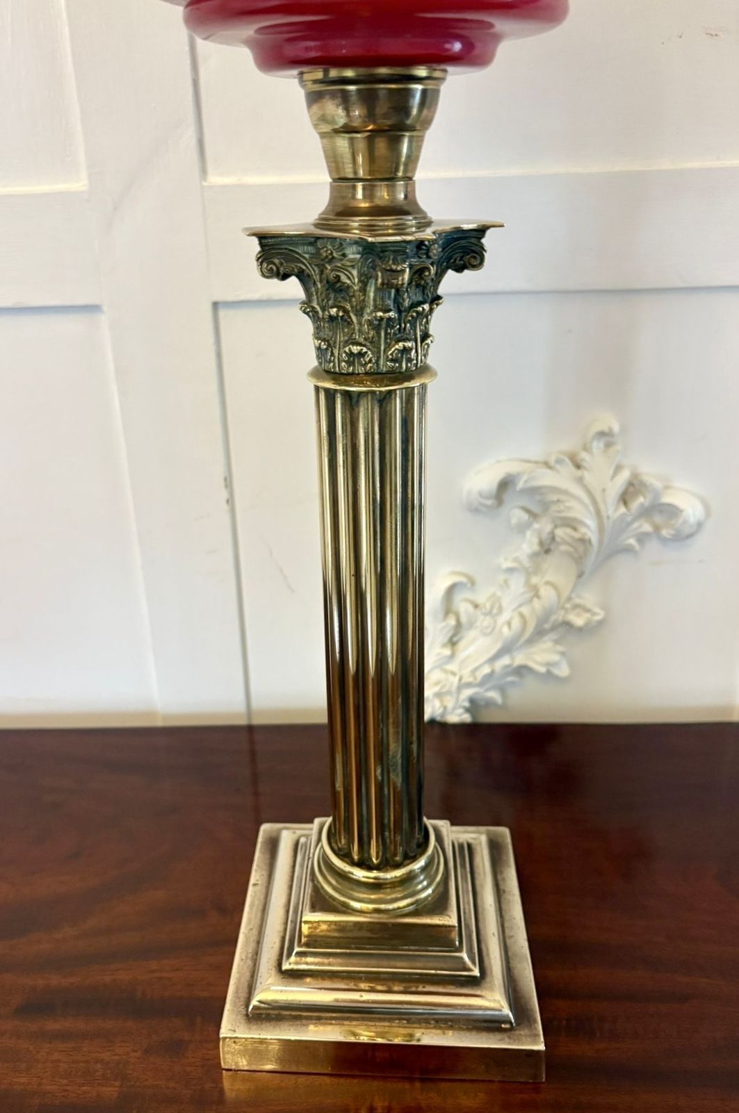 Antique 19th Century Brass Oil Lamp With Cranberry Glass Font And Corinthian Column photo for sale