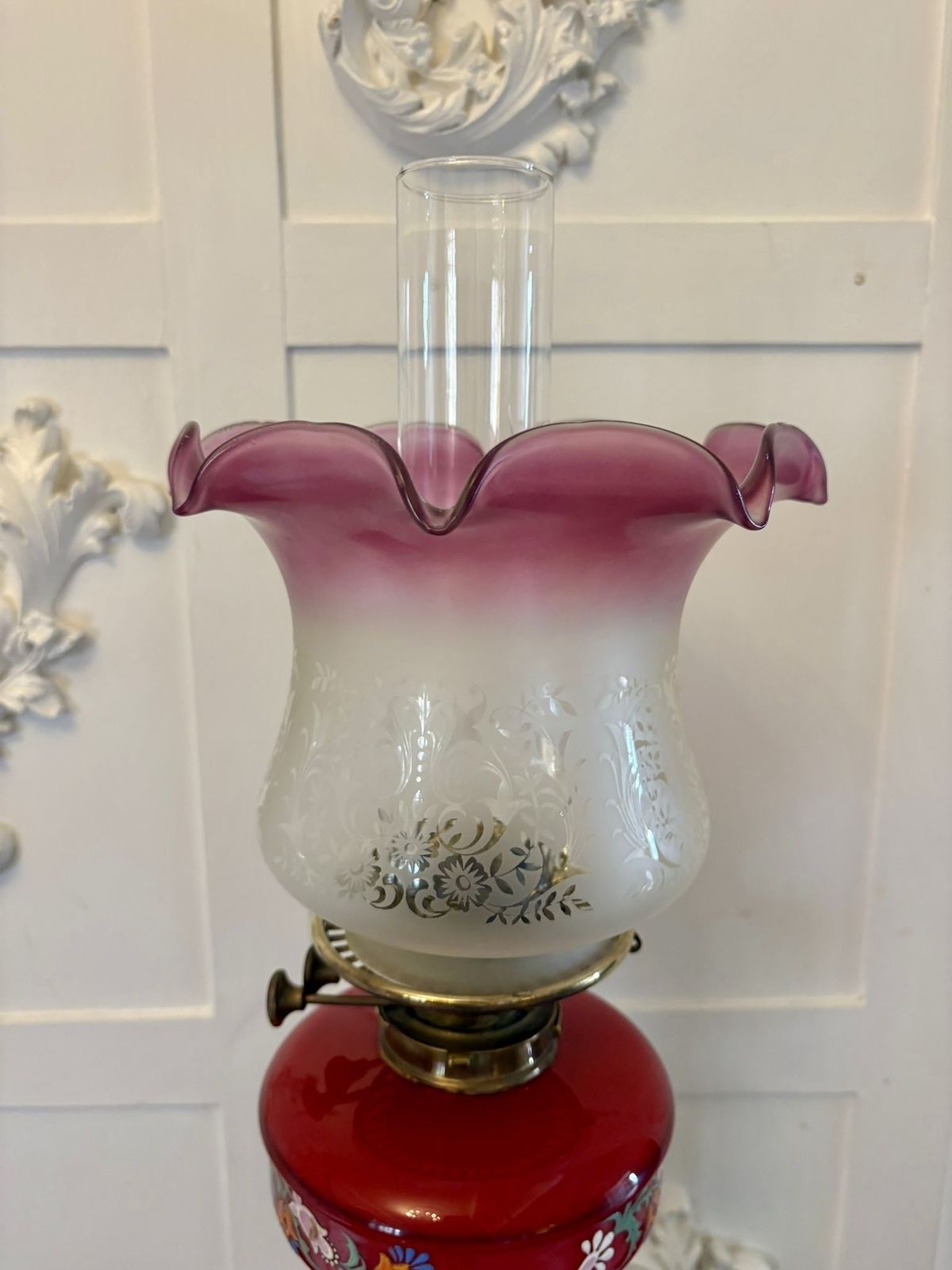 Antique 19th Century Brass Oil Lamp With Cranberry Glass Font And Corinthian Column photo 995.0