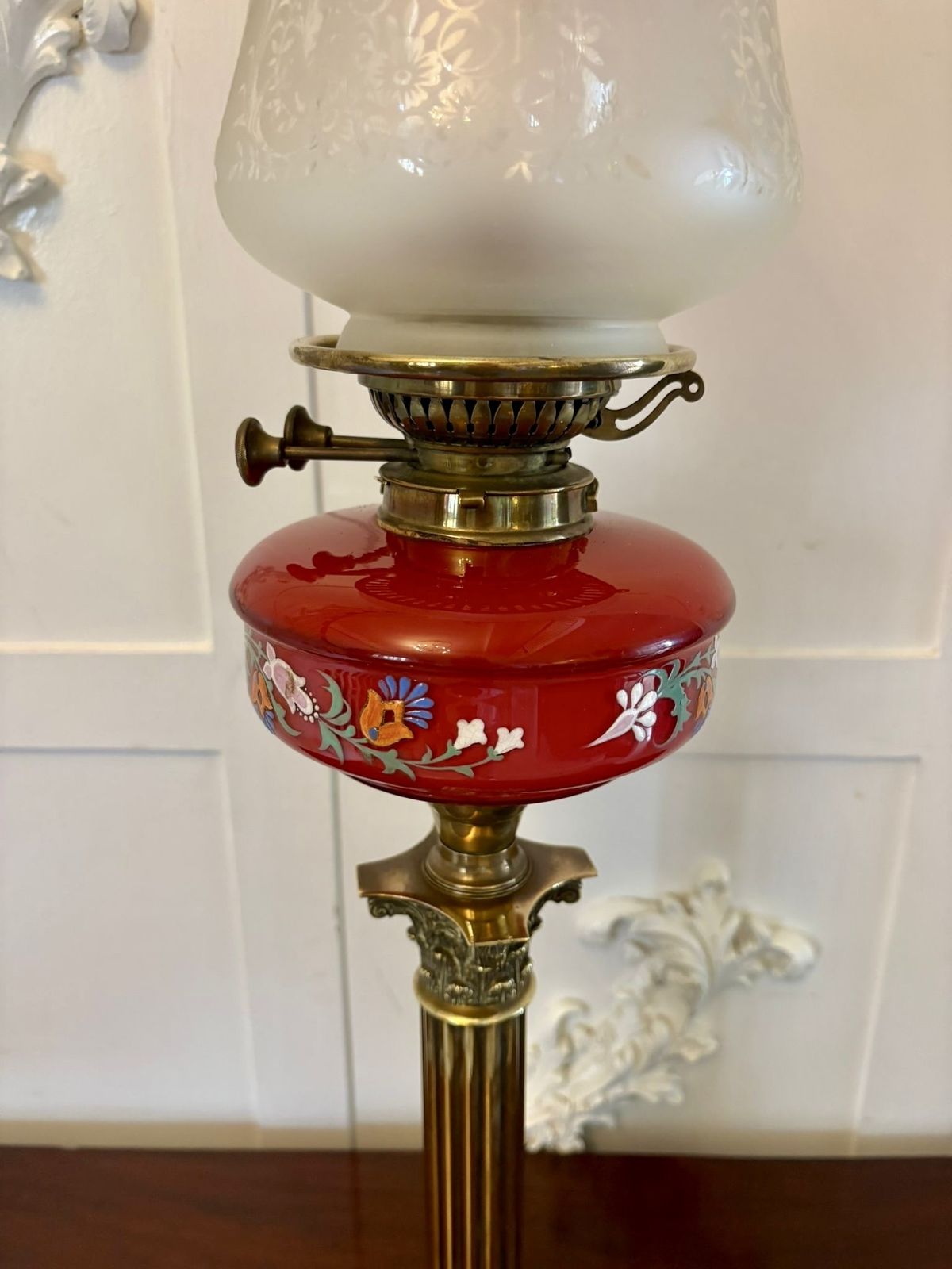 Antique 19th Century Brass Oil Lamp With Cranberry Glass Font And Corinthian Column photo vinterior