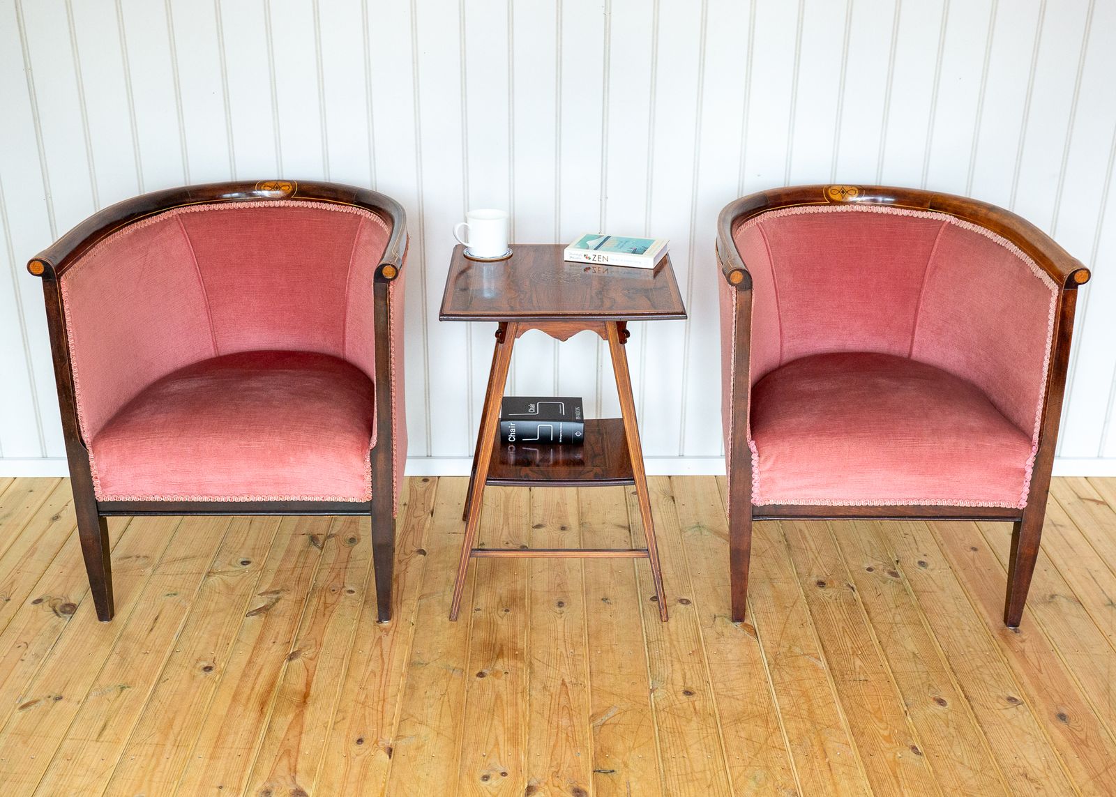 photo for sale Pair Of Edwardian Mahogany Armchairs Barrel Back Pink Tub Antiqu.E Art Nouvea.U 1910