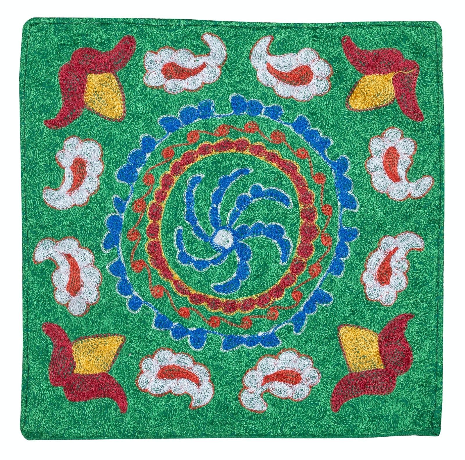 16"X16" Zijde Borduurwerk Kussenhoes. Groene Sierkussen. Dubbelzijdig Kussen