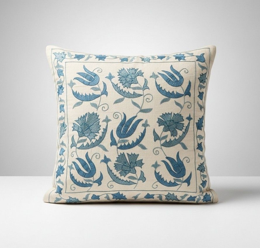 20"X20" 100% Silk Cushion Cover. Hand Embroidered Pillowcase. Blue Lace Pillow