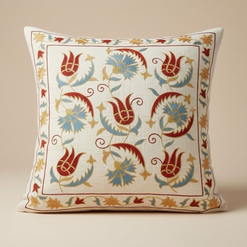 20"X20" Embroidered 100% Silk Cushion. Luxury Pillow Cover. Handmade Toss Pillow