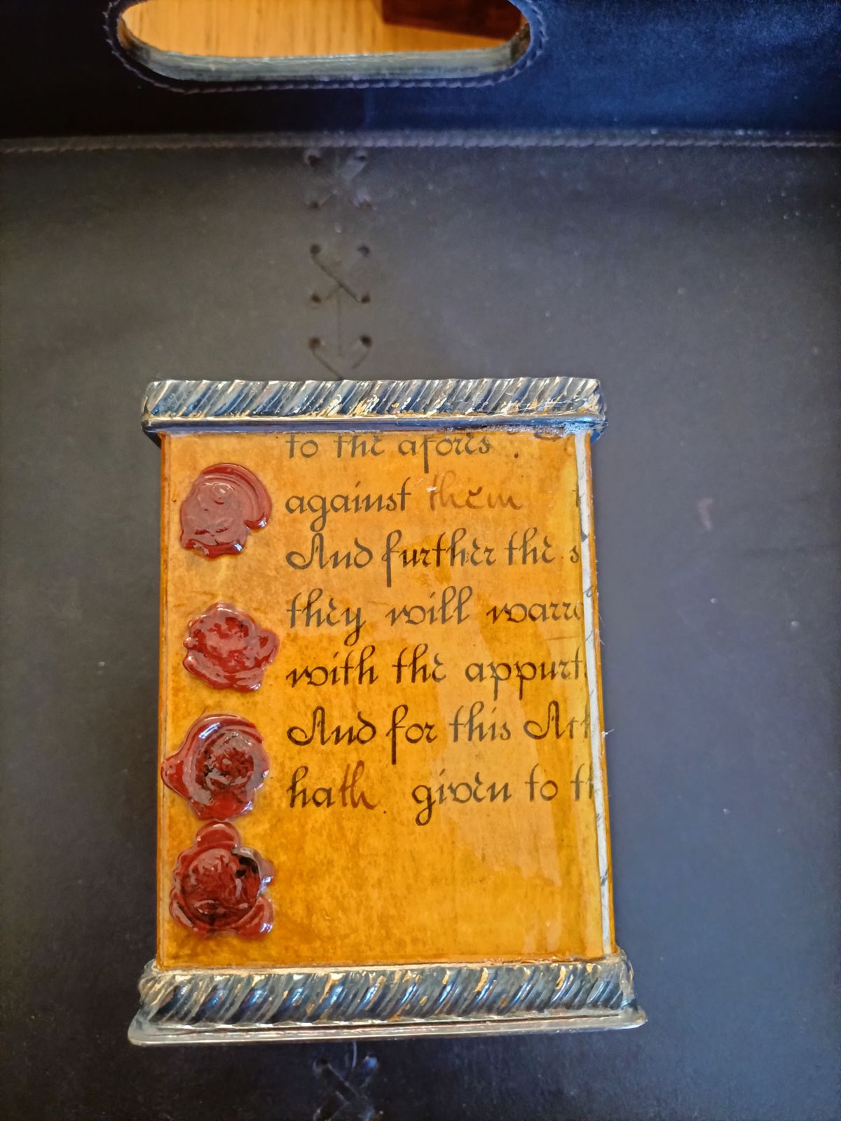 Small Desk Pen Tidy With Enamel Sides Showing English Text. photo for sale