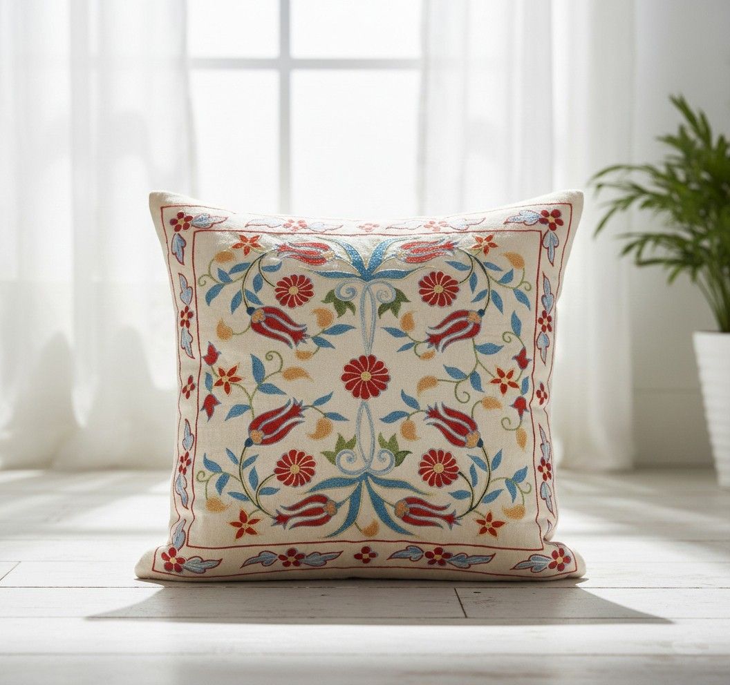 Housse de coussin moderne brodée 100 % soie, 50 x 50 cm. Housse de coussin artisanale