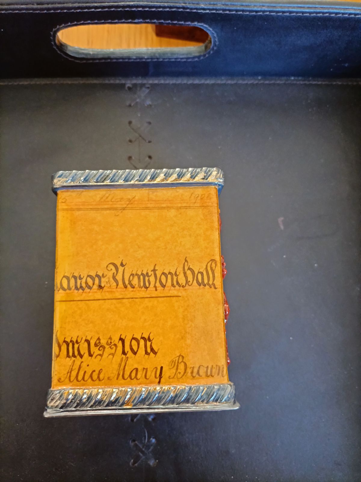 Small Desk Pen Tidy With Enamel Sides Showing English Text. photo vinterior