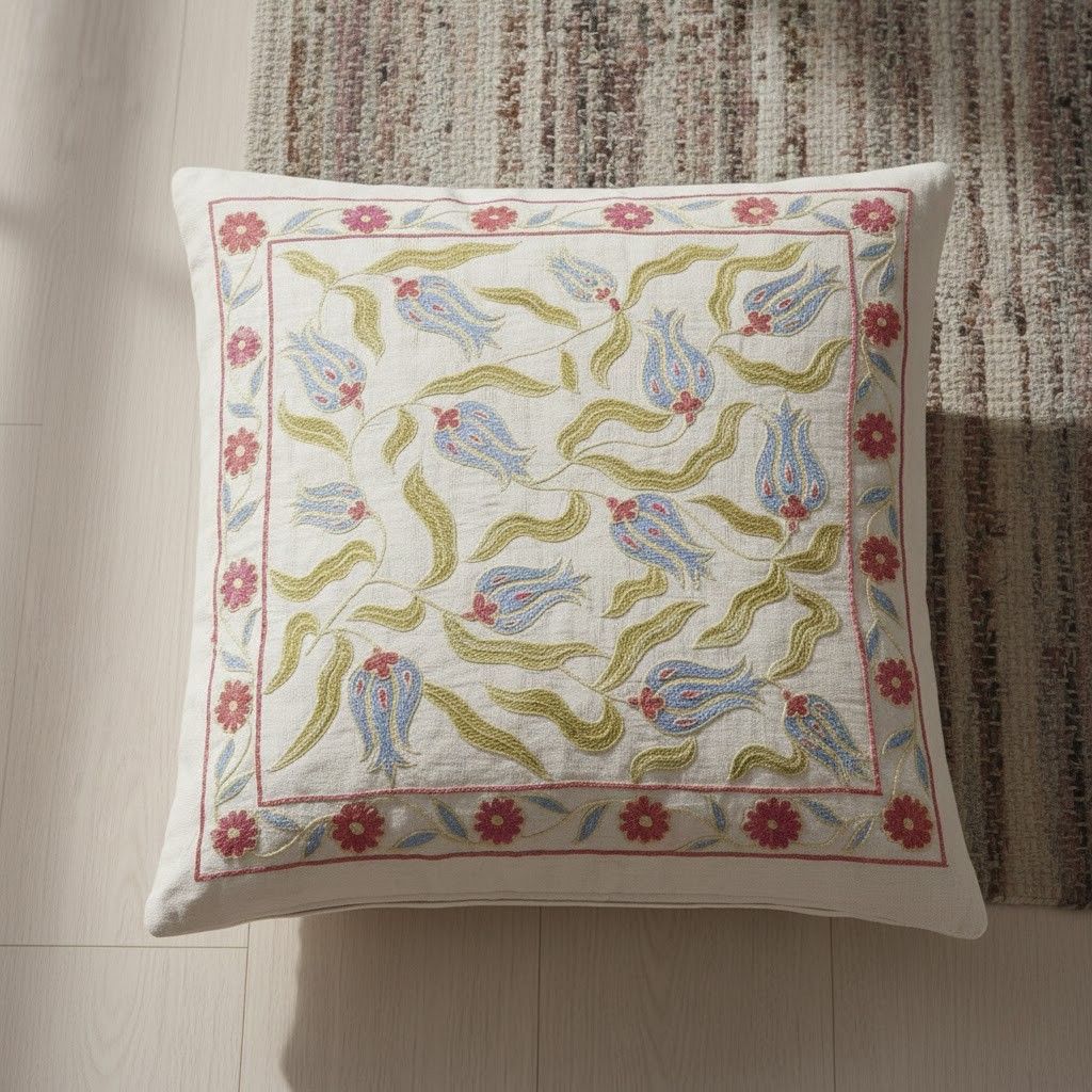 Housse de coussin brodée en soie, 19 x 19 po. Taie d'oreiller faite main. Neuf