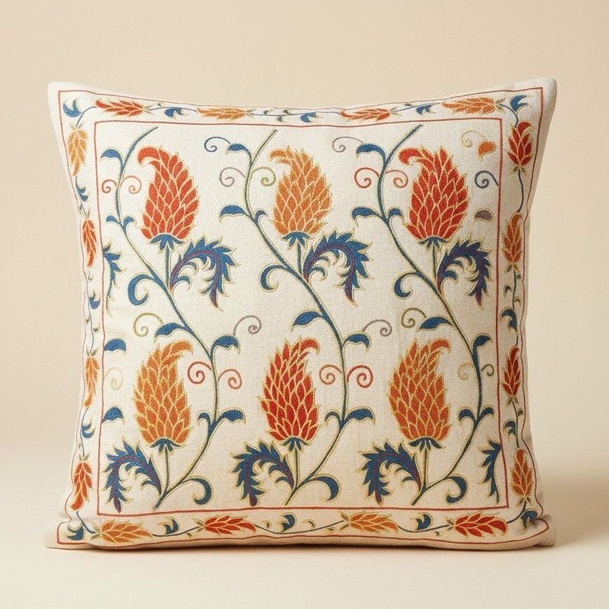 19"X19" Embroidered 100% Silk Cushion Cover. Home Decor. Handmade Pillowcase