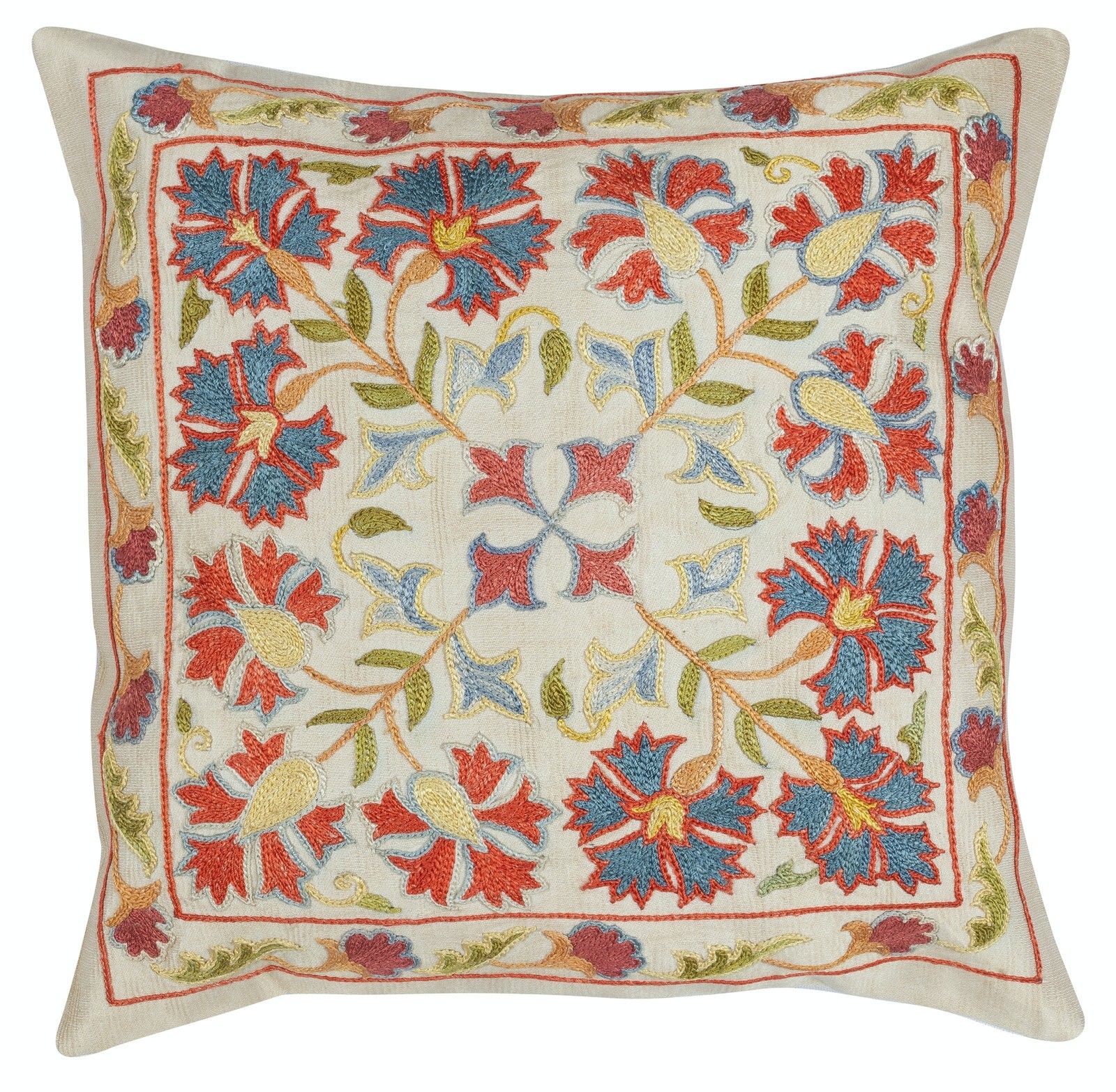 12"X12" All Silk Cushion Cover. Uzbek Throw Pillow. Embroidered Accent Pillow