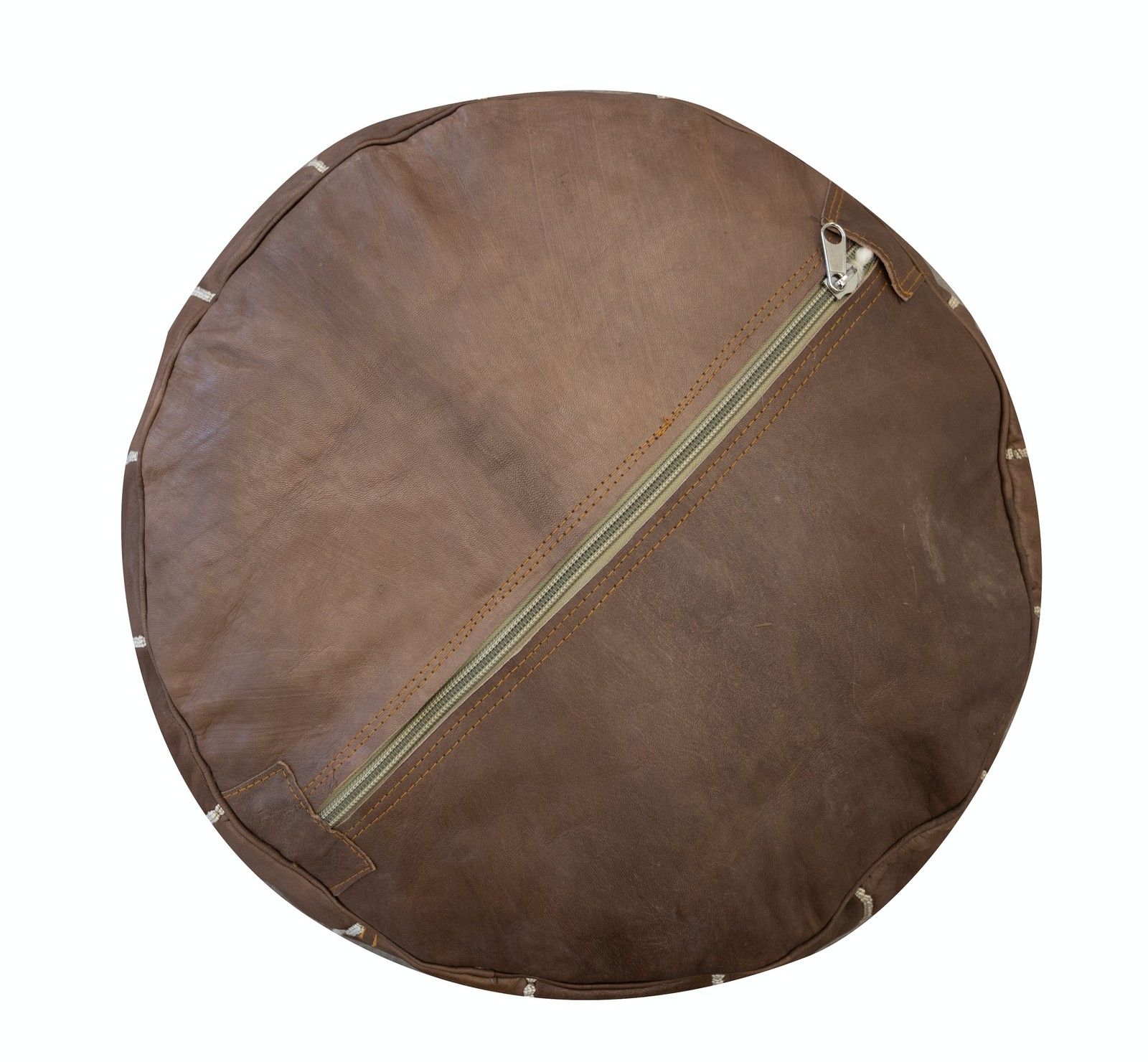 Round Geniune Leather Pouf. Unstuffed. Brown Color Hand Tooled Footstool photo for sale