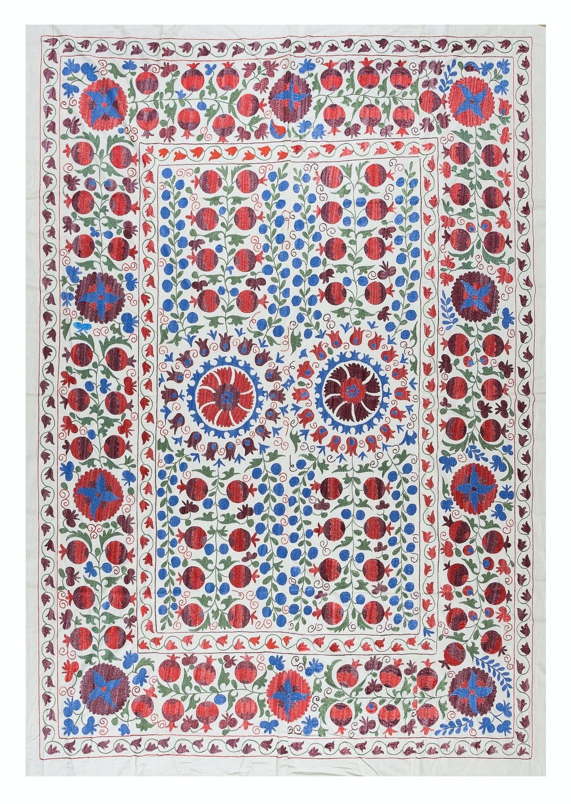 6.3x8.3 Ft Silk Hand Embroidered Suzani Bed Cover, Decorative Uzbek Wall Hanging