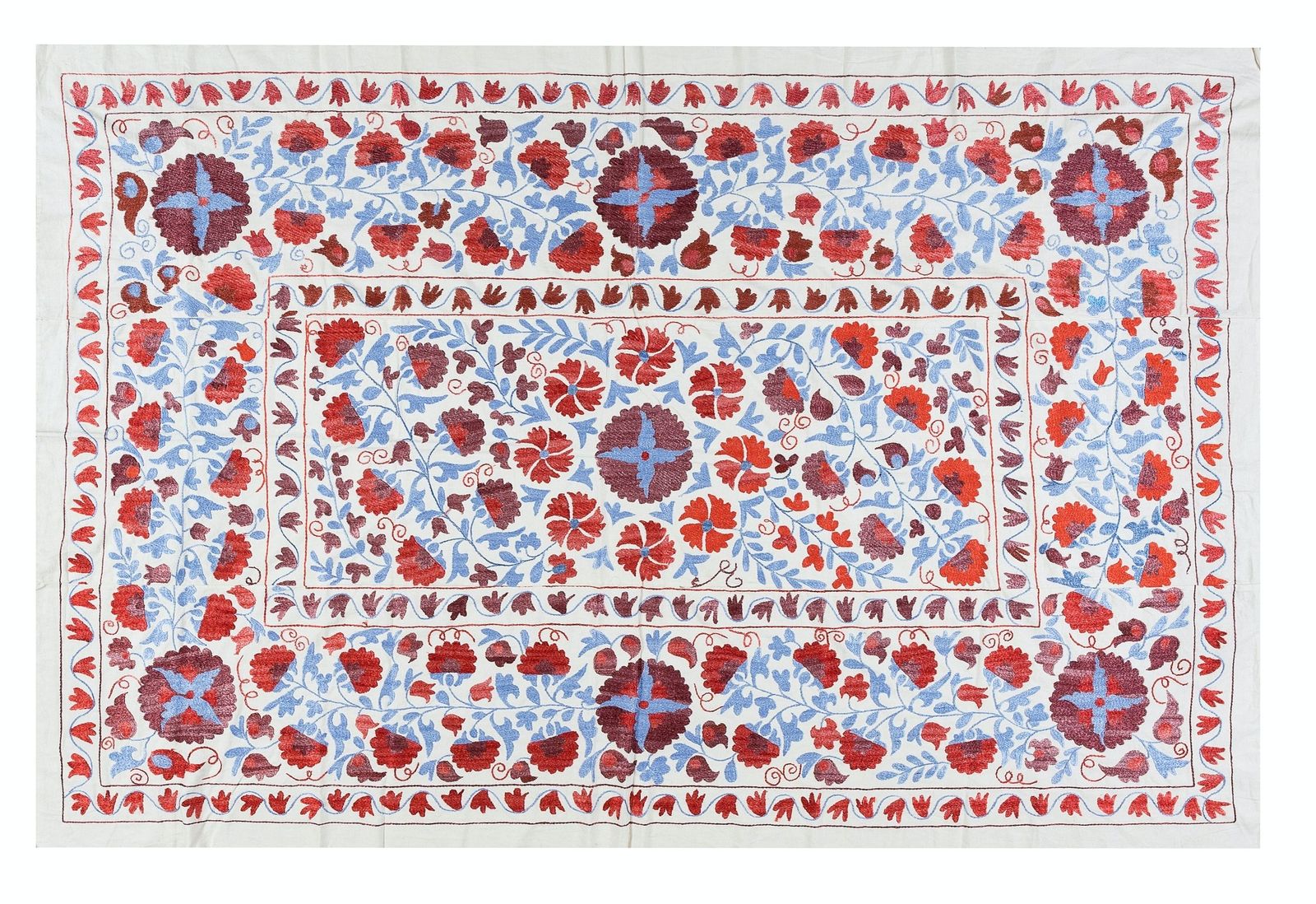 4.8x6.8 Ft Silk Hand Embroidered Suzani Bed Cover, Decorative Uzbek Wall Hanging photo 598.0