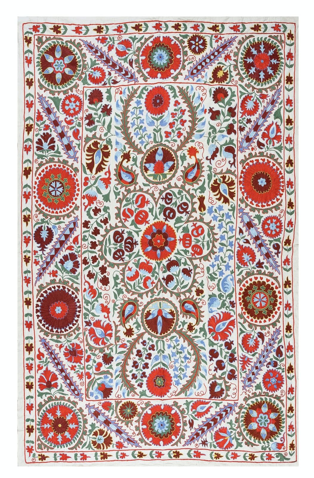 4.7x6.9 Ft Silk Hand Embroidered Suzani Bed Cover, Decorative Uzbek Wall Hanging