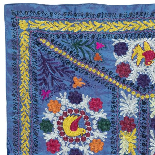 4,2 x 6 ft geborduurde zijden en katoenen wanddoek. Blauw beddengoed. Nieuw tafelkleed photo furniture