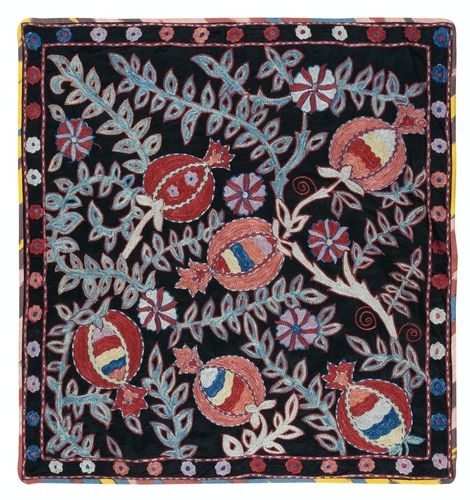 27x28 In Modern 100% Silk Wall Hanging. Embroidered Tablecloth. Black Throw