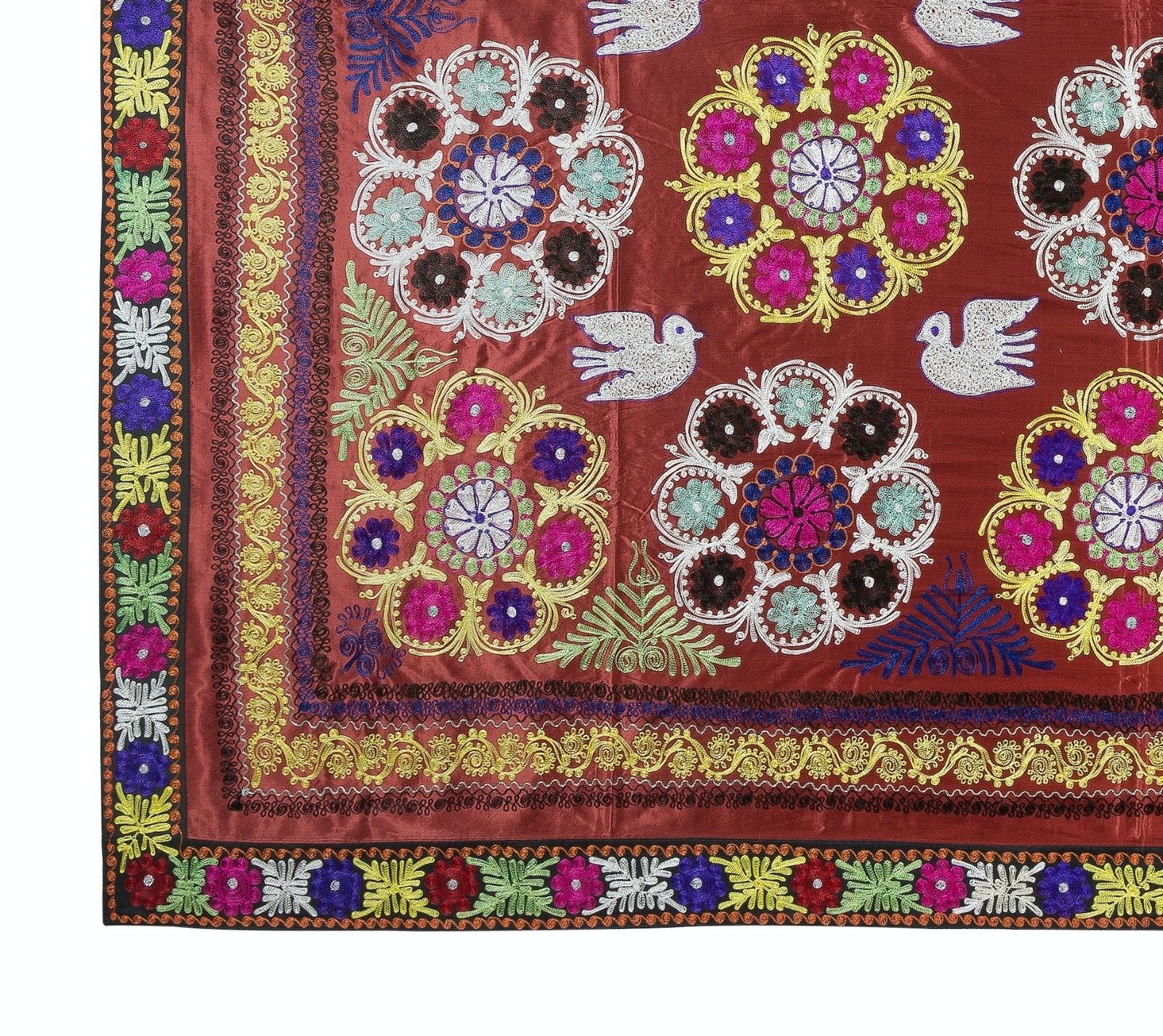 9x10.2 Ft One Of A Kind Vintage Silk Embroidery Bed Cover. Red Wall Hanging photo 1058.0